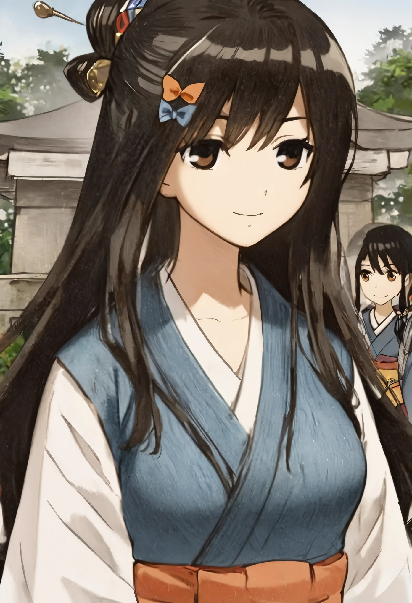 ((1girl)), ((cute)), ((serious)), ((looks at the sky)), carries an umbrella, ((long black hair)), ((Long hair tied half adult)), ((hair accessories)), ((kimono)), ((age 20)), ((Upper school level)), (medium breast) ((rain)), Wet clothes, brown eyes, ((smile)), ((happy)), natural details, masterpiece, stunning 4k view, anime illustration, ((featuring the rainy scenery of Kamakura)), ((Tsurugaoka Shrine)), ((perfect full body)), Looking into the distance, Natural lighting, natural views, bangs