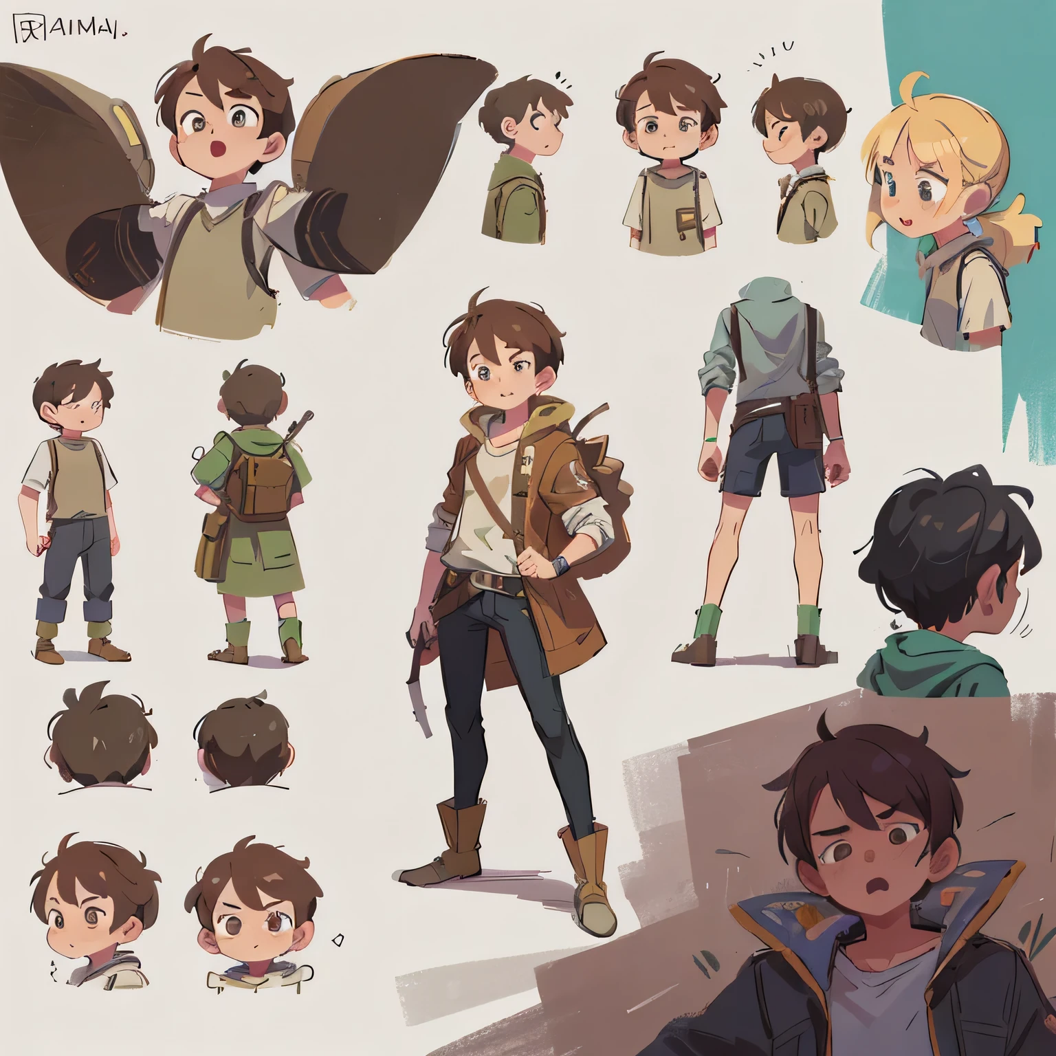 Anime style, Close-up of a male kid in leather armor，（（concept art of character）），((CharacterDesignSheet、Same role、frontage、Lateral face、on  back))Character art for Indian black kid video game character design，video game characters designs，The image of a boy  with white backgroud,full body ，big expressive eyes，Brown hair，expert high detail concept art，metal slug concept art，interesting character design，（（Young male））