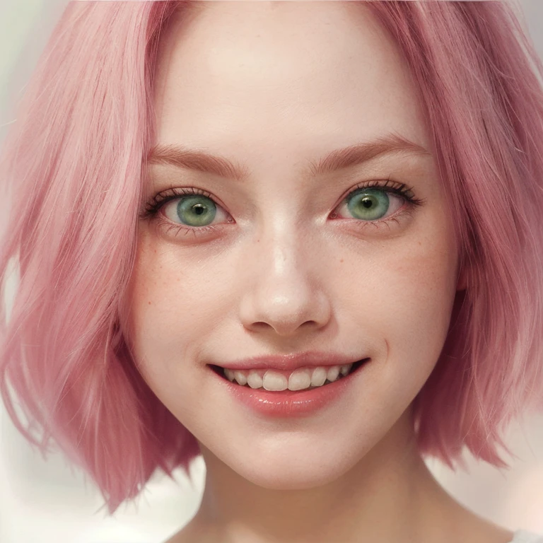 young woman, short shoulder-length pink hair, wide forehead, porcelain skin, pink eyebrows, big emerald green eyes, buttoned nose, full lips, heart-shaped face, slender body, small breasts, red tank top, Sakura Haruno , realistic, realism, details, 3d, well detailed