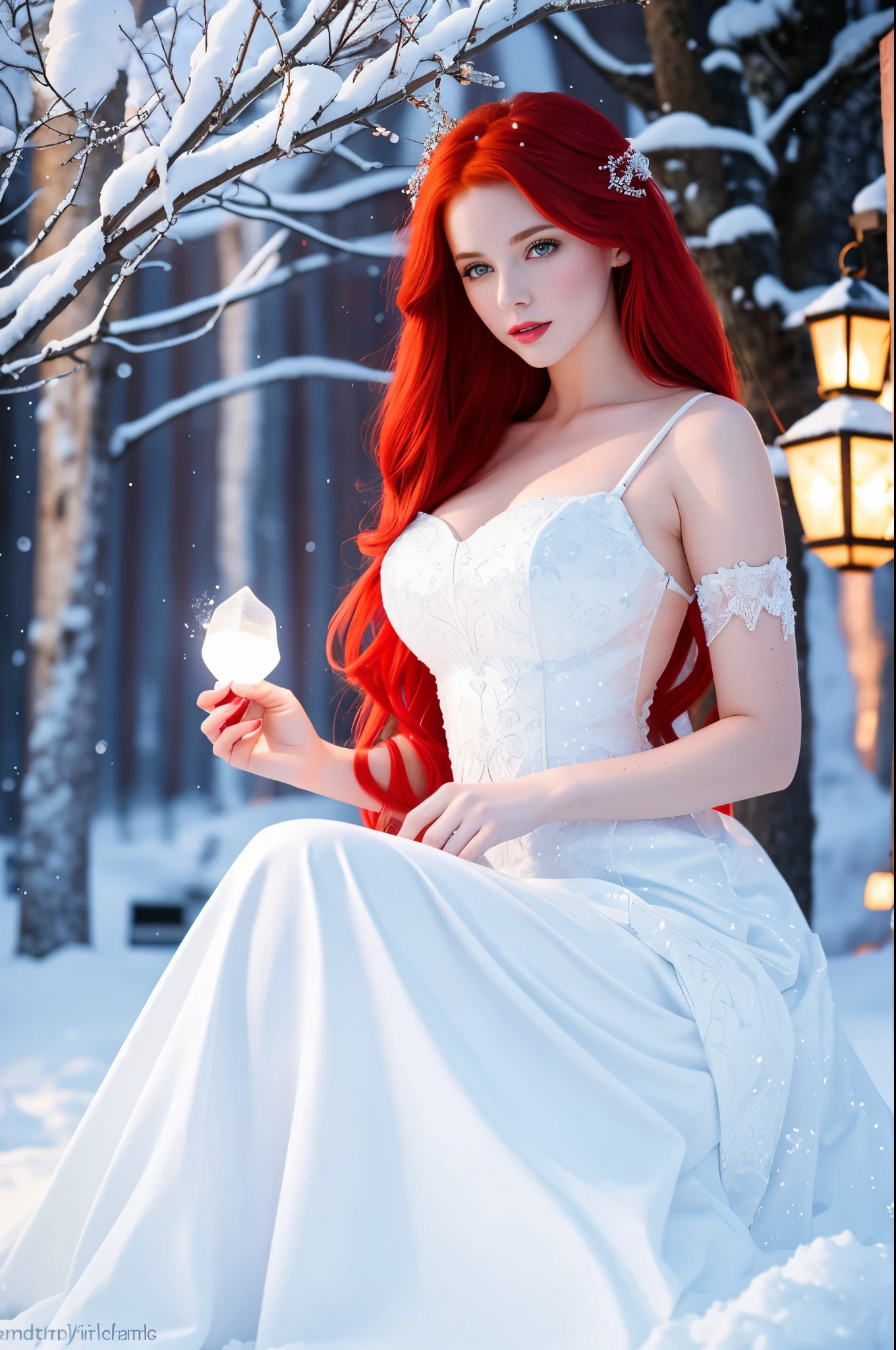 here is a woman with red hair and a white dress sitting in the snow, very long snow colored hair, a sorceress casting a ice ball, in snow, girl under lantern, in the snow, only snow i the background, red haired goddess, with red hair, inspired by Anne Stokes, pale snow white skin, editorial photograph, perfect lighting in a snow storm