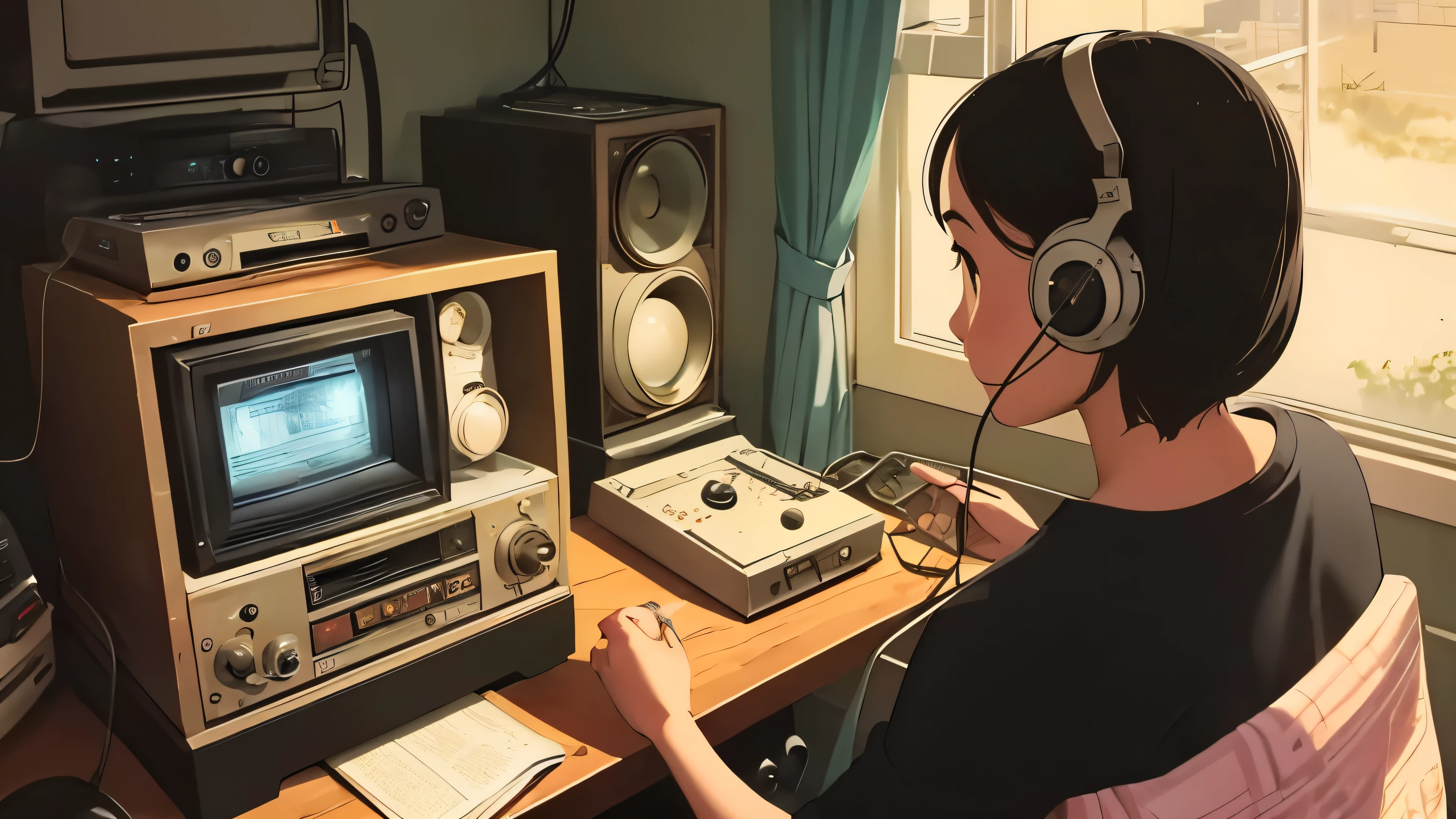subject:"old time radio" background:retro radio studio。camera angle:Capturing images of women enjoying nostalgic radio。She wears vintage radio style、Listen to music and dramas。decoration isolated:Piercing inspired by a radio antenna。