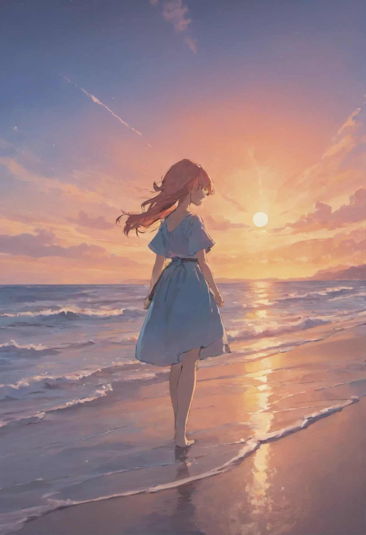 a woman standing on a beach looking at the sunset, style of alena aenami, inspired by Cyril Rolando, art of alena aenami, artistic. alena aenami, in style of cyril rolando, inspired by Alena Aenami, style of aenami alena, by Alena Aenami, lofi artstyle, by Cyril Rolando