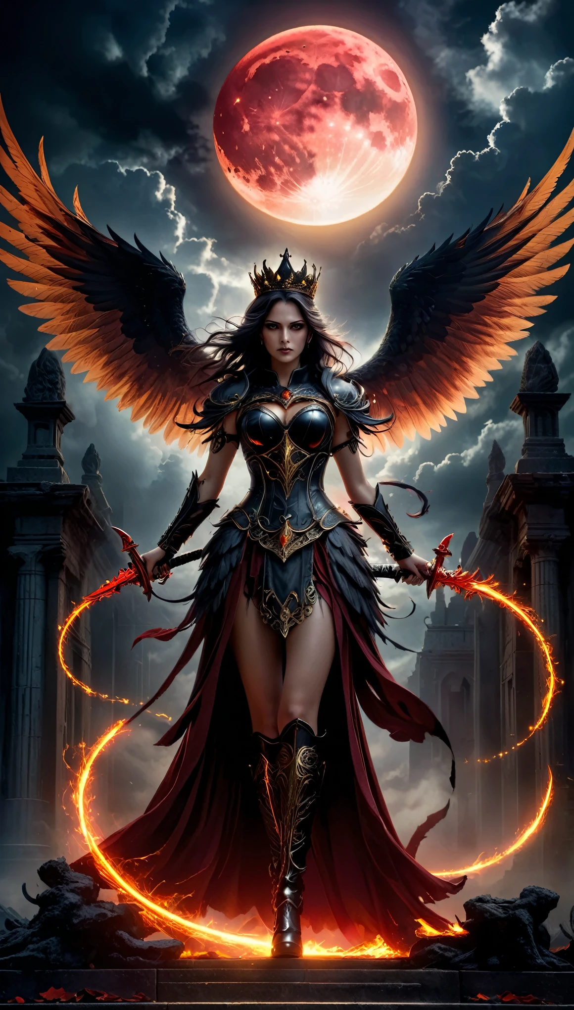fantasy art, RPG art [[a picture of 2 women]], , a female angel (Masterpiece, 1.3, intricate details), wearing dress, pale skin, best details beautiful face (Masterpiece, 1.3, intricate details), blond hair, long hair wavy hair (Masterpiece, 1.3, intricate details), blue eyes, high heeled boots, wearing a dress (Masterpiece: 1.3, intricate details), large angelic wings, white feathered wings spread [AND] a female demon (Masterpiece, 1.3, intricate details), demon, red skin (Masterpiece, 1.3, intricate details), flame wings, black demonic wings spread, demonic horns (Masterpiece, 1.3), red skin (Masterpiece, 1.3), black hair, red eyes, best details beautiful face (Masterpiece, 1.3, intricate details), wearing a dress (Masterpiece: 1.3, intricate details), high heels, in the border between heaven and hell, moon, stars, clouds, god rays, soft natural light silhouette, dynamic angle, photorealism, panoramic view (Masterpiece 1.3, intense details) , Wide-Angle, Ultra-Wide, faize