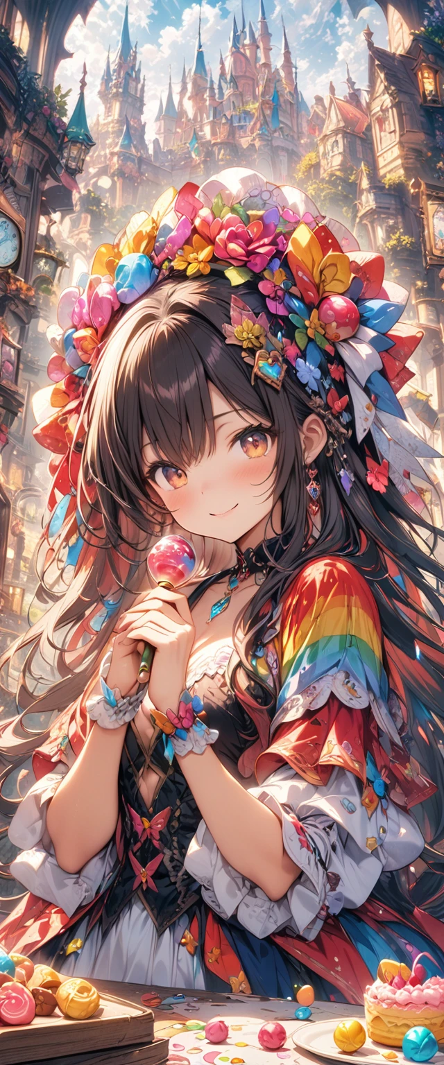 ((masterpiece, highest quality, Best image quality, High resolution)), ((Highly detailed CG synthesis 8k wallpaper)), candyland, Candy Kingdom, Candy Castle, fairy tale world, Candy house and juice fountain rainbow lined up, colorful, pop, Fantasy, dream-like, smile,