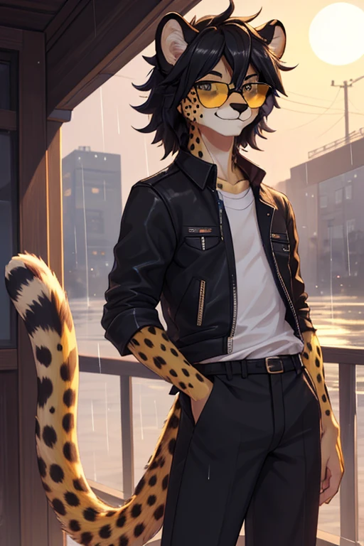Cheetah, antro, male, solo, non-human, informal clothes, Rain, younger, 20 years old, taller, messy hair, cheetah face, slim body, cheetah tail, sun glasses, black hair, little smile, furry, beard, femboy, girly, big ass, cute face, girly arms,