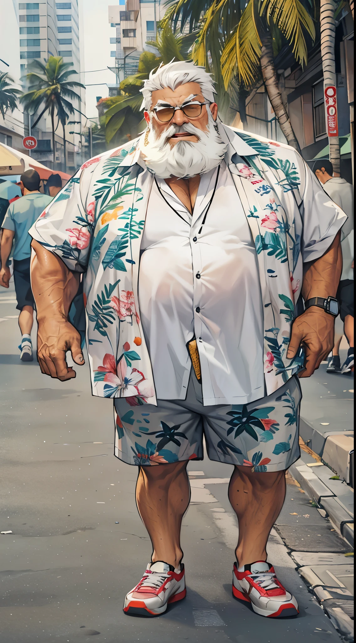 chubby old man in street city, old man, thick arm, huge arm, bearded. white hair and beard, bearded, muscular, pectoral, wide pectoral, beach, palm, realistic, 8k, masterpiece, (wearing shorts and white Hawaiian shirt, shoes)
