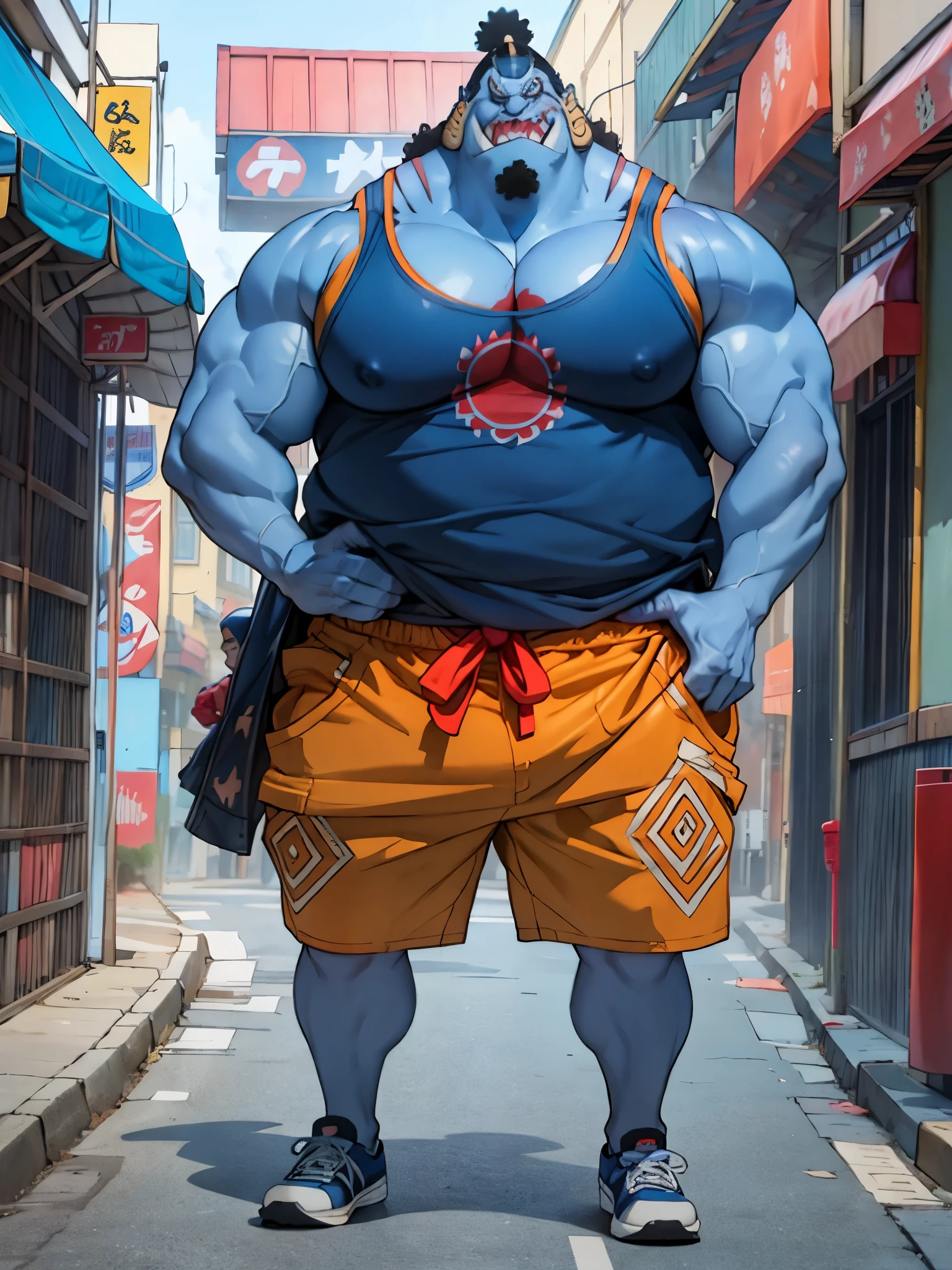 chubby man (jinbei) in street, (blue skin, blue skinned), muscular, pectoral, wide pectoral, beach, palm, realistic, 8k, masterpiece, (wearing shorts and tank top, shoes)