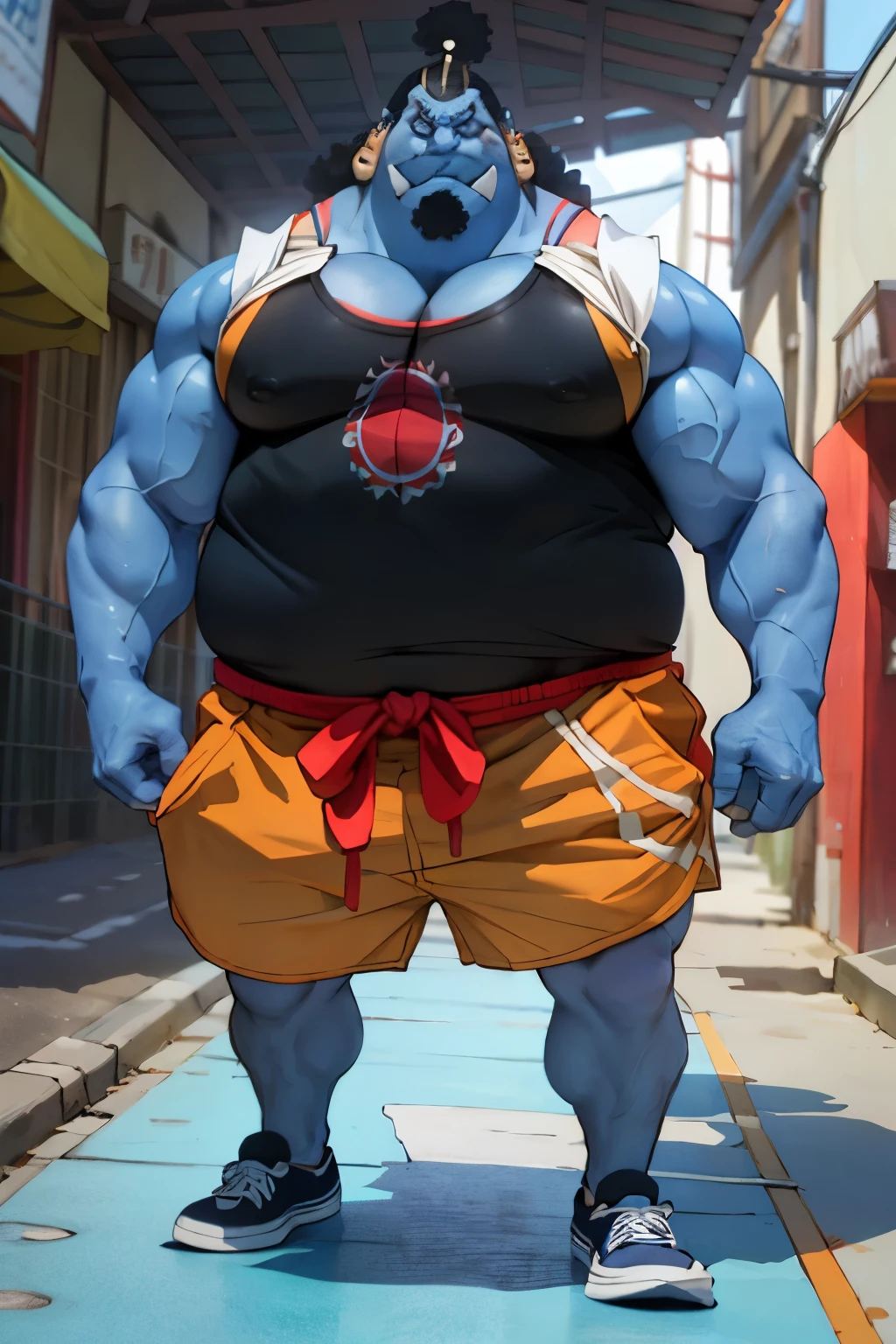 chubby man (jinbei) in street, (blue skin, blue skinned), muscular, pectoral, wide pectoral, beach, palm, realistic, 8k, masterpiece, (wearing shorts and tank top, shoes)