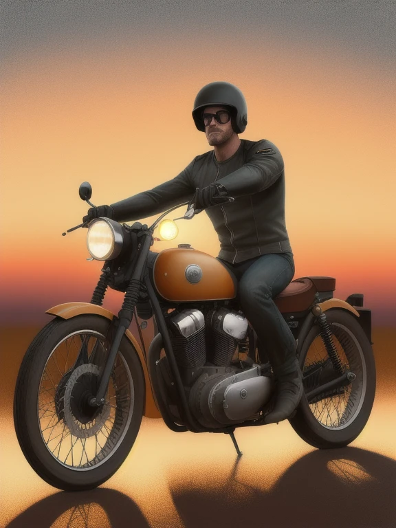 ((digital drawing)),((4k)),((JIM EIDOMODE)),((Best quality)), Art style tonalism, tonalism art, sunset, ultra-realistic vintage motorcycle 40s