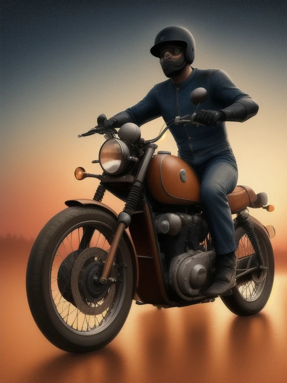 ((digital drawing)),((4k)),((JIM EIDOMODE)),((Best quality)), Art style tonalism, tonalism art, sunset, ultra-realistic vintage motorcycle 40s