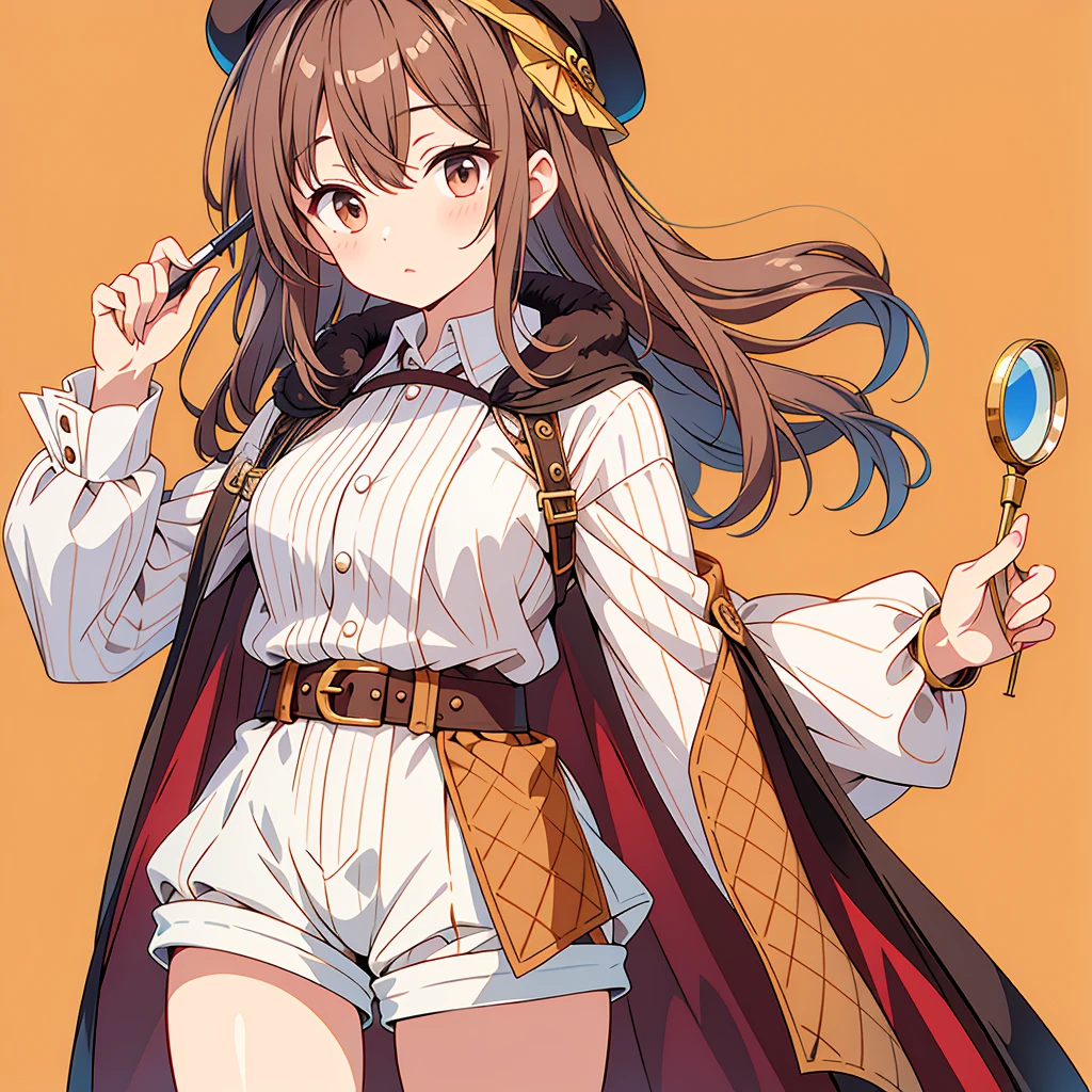 Brown Checkered Beret、A cape with the same pattern as the hat、White shirt and shorts with the same pattern as the hat、magnifying glass、Detective、