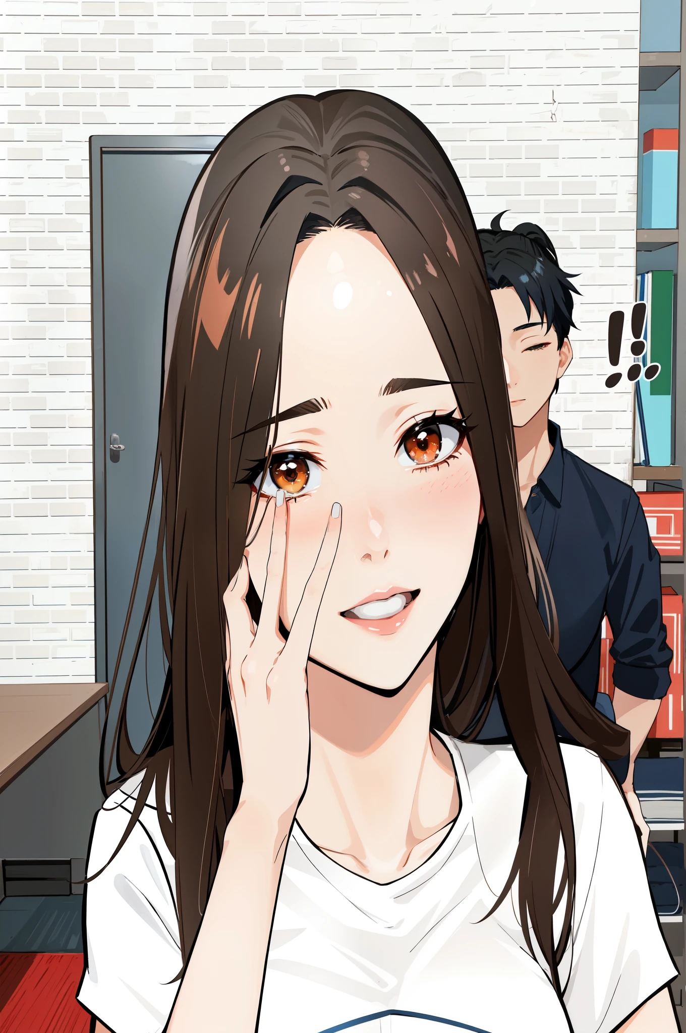 masterpiece, best quality, looking at viewer, fwjin-hee, mature female, large breasts, low ponytail, orange impossible dress, sleeveless,