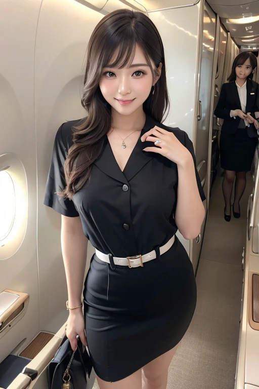 (masterpiece:1.3), high resolution, ultra detailed, extremely detailed CG unity 8k wallpaper, realistic, photo-realistic, RAW photo, beautiful detailed face, pale skin, realistic skin, detailed cloth texture, detailed hair texture, Perfect proportion, Beautiful Face, accurate, Anatomically correct, Highly detailed face and skin texture, natural neck length, (beautiful hands), (fair skin:1.2), Thin legs, Thin feet, Sexy thighs, 
BREAK, 
Detailed eyes, symmetrical eyes, Light Brown eyes, Double eyelids, Thin eyebrows, (Glossy lips:1.4), (Goddess smile:1.2), 
BREAK, 
(A Classy and Cute girl:1.3), (Wearing a Elegant flight attendant uniform of Japan Air Line:1.2), 
(medium large breasts), (slender figure:1.2), 
(Dark brown hair, wavy hair), ((short hair, asymmetrical bangs:1.2)), (Upper body shot:1.2), (looking at viewer:1.2), From side, 
BREAK, 
((Standing in the floor of first-class with Elegantly pose:1.2)), (Inside the private Airplane: 1.2),