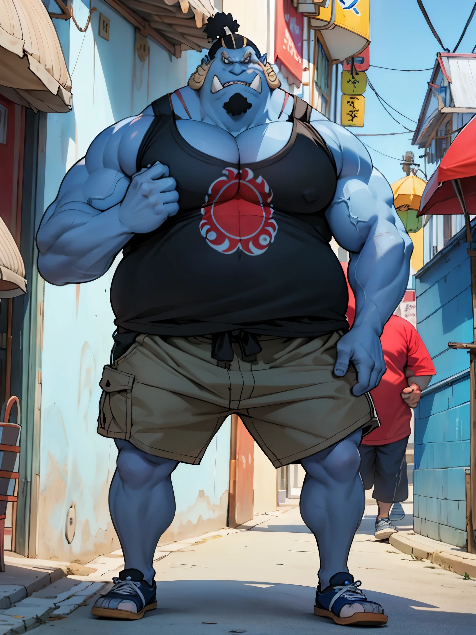 chubby man (jinbei) in street, (blue skin, blue skinned), muscular, pectoral, wide pectoral, beach, palm, realistic, 8k, masterpiece, (wearing shorts and tank top, shoes)