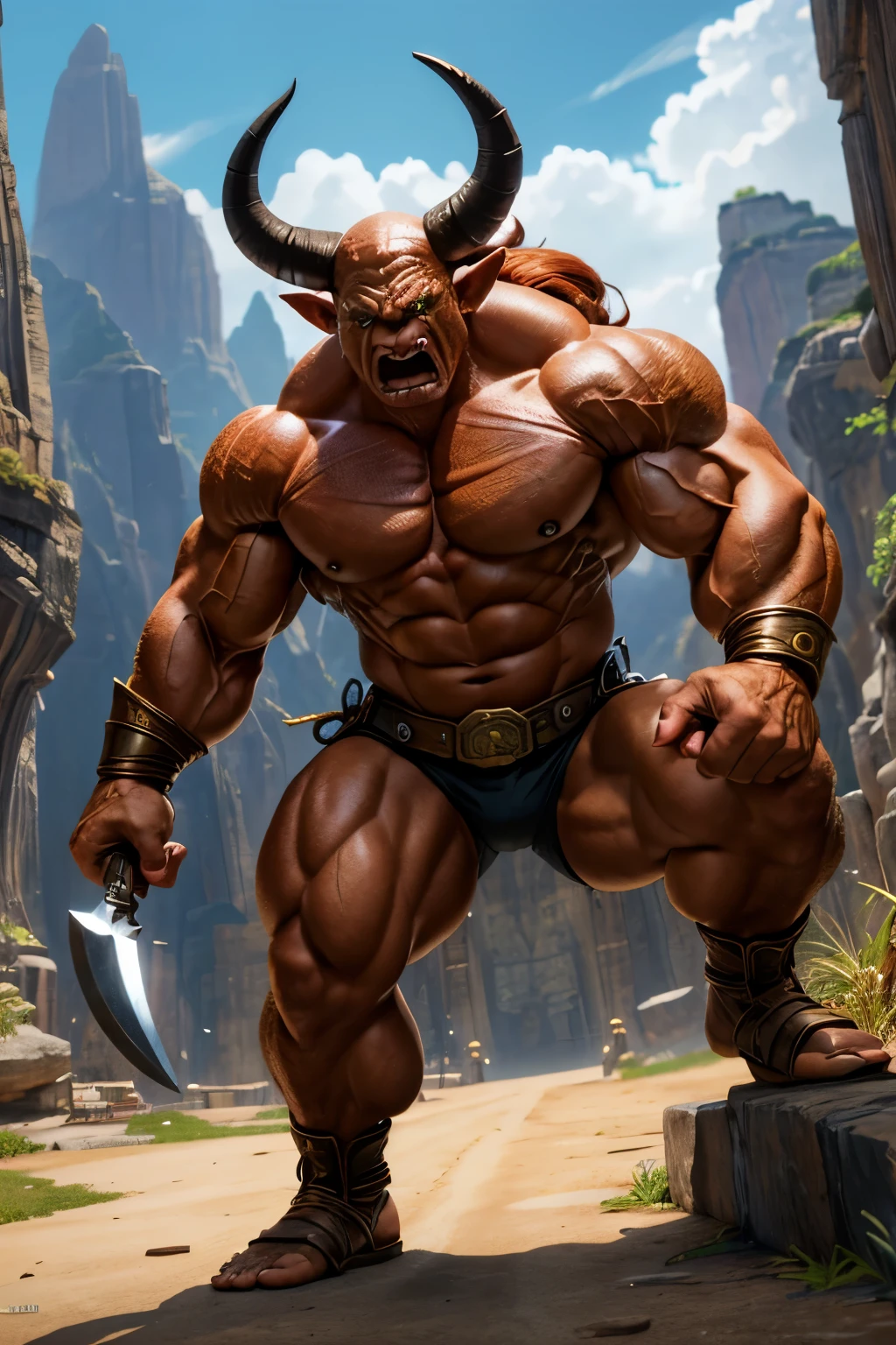 (Dynamic pose:1.2),(Dynamic Camera),alone, Close up of an old and mature goblin character,large muscular body,Giant,Huge twisted horn,knife,.(Complex game screenshot background),Shadow
, Raw photo, Full Sharp, (Magnificent wallpapers in Full HD) 8k Uh, Digital single-lens reflex camera, Soft lighting, high quality, Film Grain, Fujifilm XT3