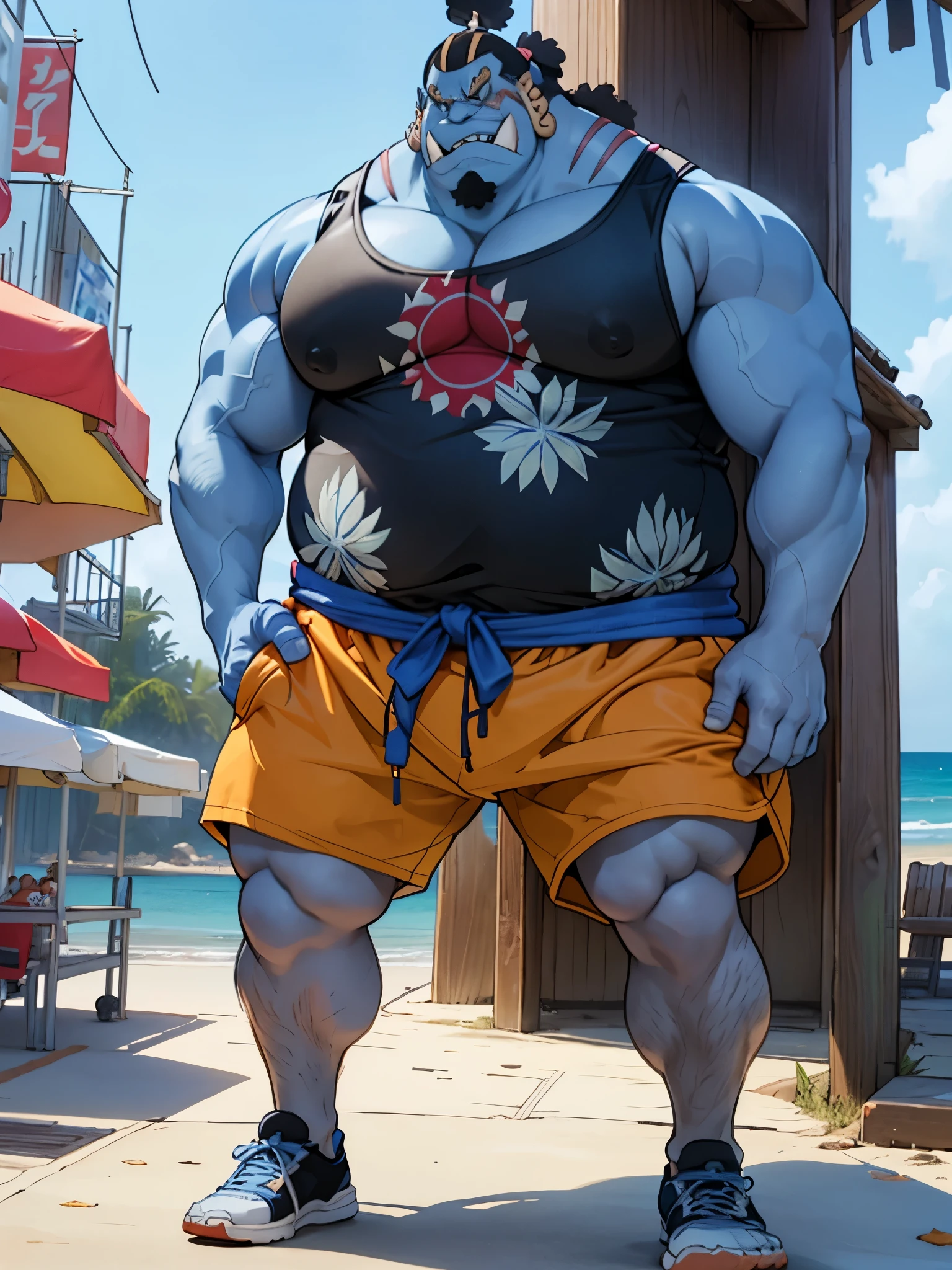 chubby man (jinbei) in street, (blue skin, blue skinned), muscular, pectoral, wide pectoral, beach, palm, realistic, 8k, masterpiece, (wearing shorts and tank top, shoes)