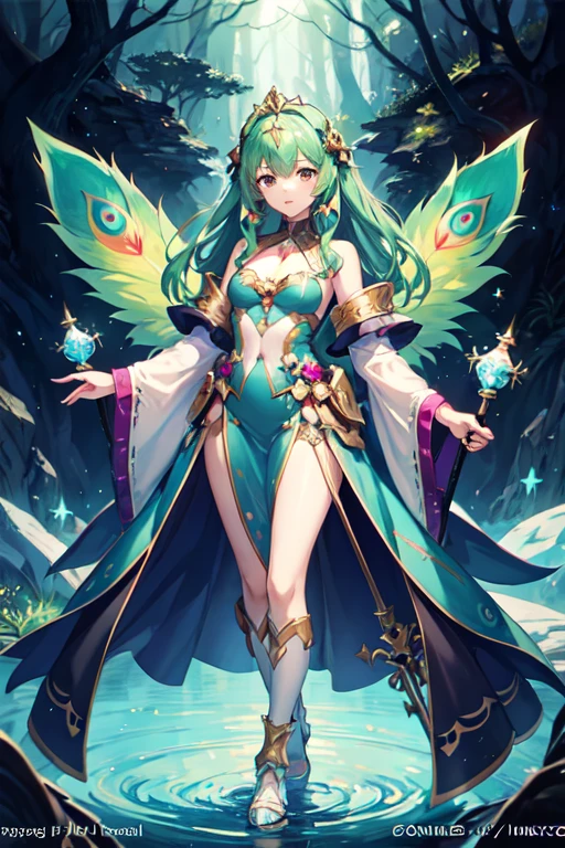 ((highest quality)), ((masterpiece)), (detailed), beautiful girl,Perfect Face,Carrying a walking stick,Green Hair,Big peacock tail,Peacock Fairy,The background is a forest,Stars fall from the sky,high detailed,Fantasy,detailedなデジタルアニメアート, detailedなキーアニメアート, Anime fantasy illustration, 8Kの高品質でdetailedなアート, detailedなアニメアート, ((Beautiful Fantasy Empress)), Kschaert Krentz Key Art Feminine, Anime fantasy artwork
