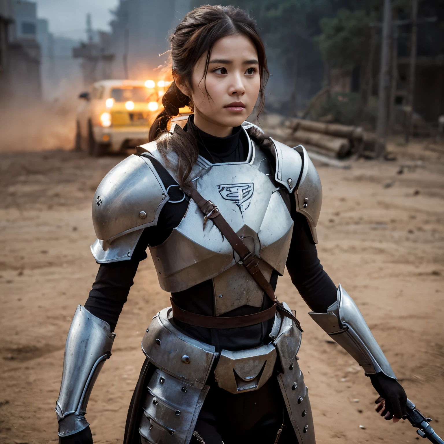 glamour shot of (fighting woman soldier in heavily weathered and dented armor) mud stains, dirty, bloody, (fighting surrounded by enemies in the battlefield in the dark), black hair, make-up, mascara, ruined make-up, eyeshadow, (petite, small:1.2), moody atmosphere, misty, night, low light, chiaroscuro, masterpiece, best quality, (intricate details), dreamy, magnificent, ethereal, volumetric lighting, lightroom, ((cinematic)), raytracing, subsurface scattering, face focus,