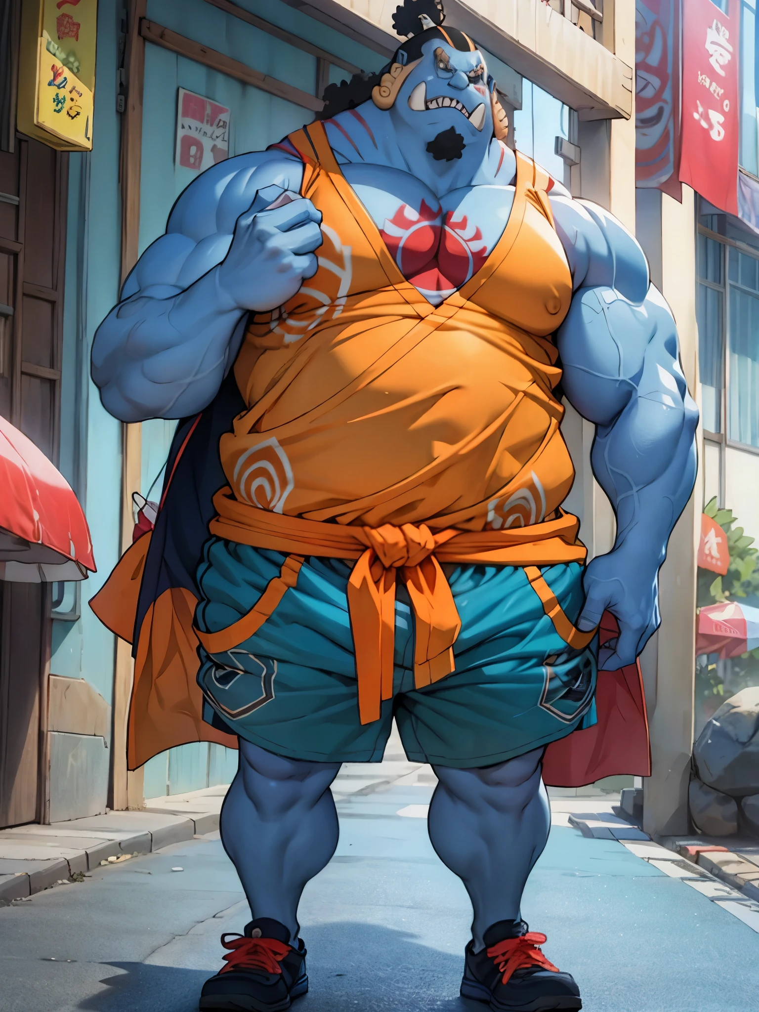 chubby man (jinbei) in street, (blue skin, blue skinned), muscular, pectoral, wide pectoral, beach, palm, realistic, 8k, masterpiece, (wearing shorts and tank top, shoes)