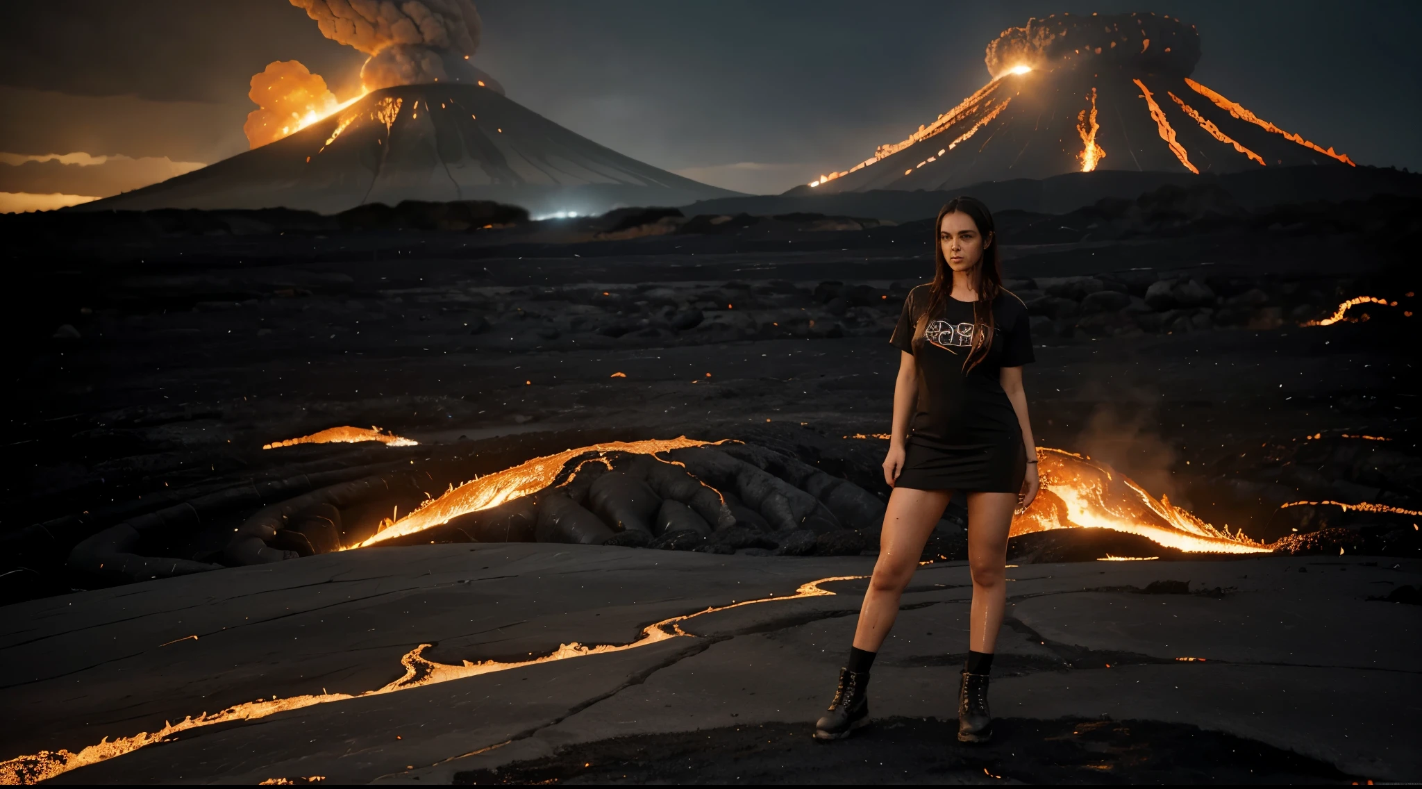 A woman of normal build, com cabelos castanhos molhados e seios pequenos, it is very sweaty and wet, gotas de suor em seu corpo, vestido com uma camiseta leve encharcada, short skirts e botas, standing on incandescent lava against the backdrop of an erupting volcano, dark sky in smoke, Flames from the ground, shoes are visible