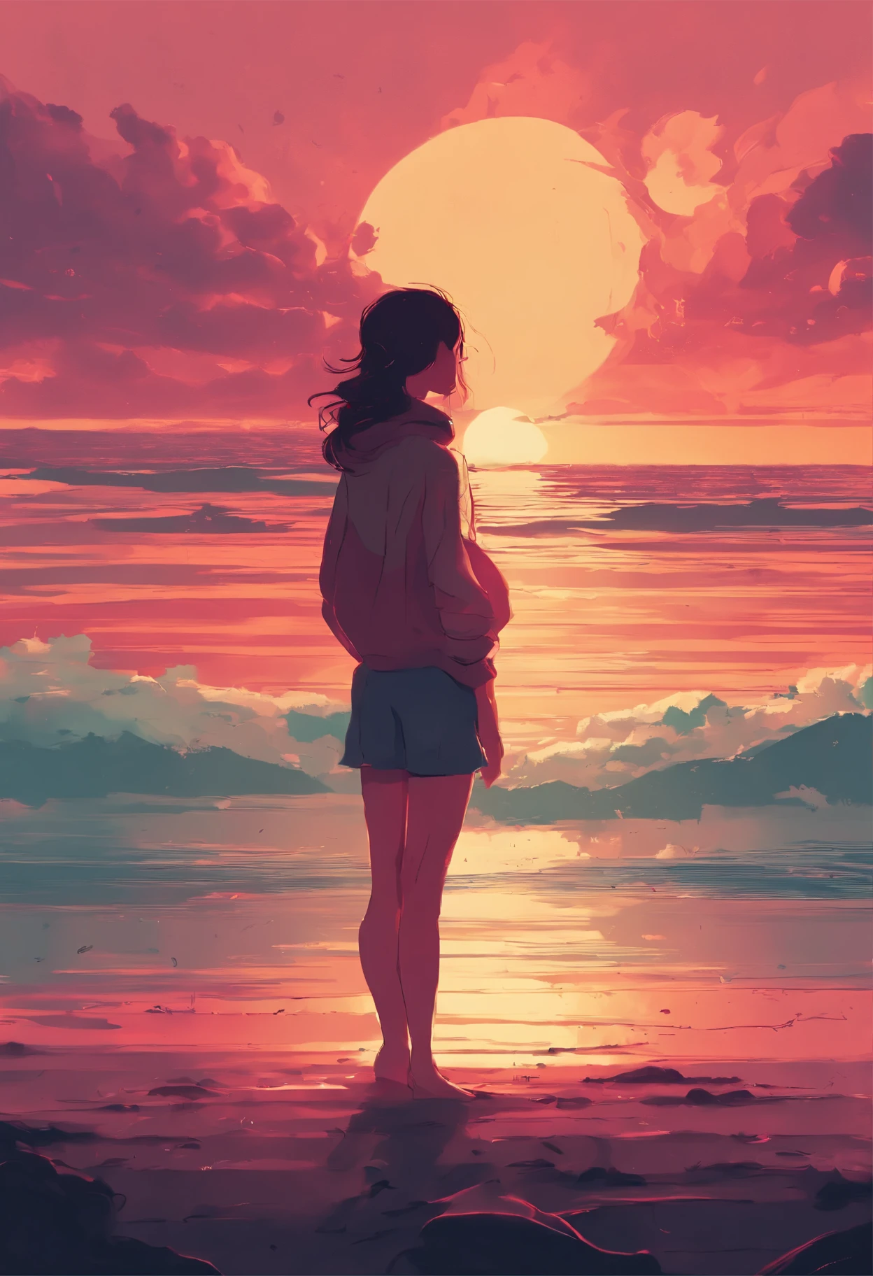 a woman standing on a beach looking at the sunset, digital art inspired by Cyril Rolando, tumblr, digital art, style of alena aenami, art of alena aenami, artistic. alena aenami, in style of cyril rolando, style of aenami alena, lofi artstyle, jen bartel, lofi girl, lofi art