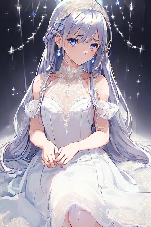 (masterpiece:1.8), ((ultra quality)), ((super fine illustration)), ((stunning cg)), (perfect anatomy:1.2), limb and hand and finger and arm, hands finger 5 digits,
1girl, solo, from front, ((very beautiful and cute girl)), (( old girl)), ((gradation colored hair silver:1.4 pale blue:0.6)), (super long hair), bang, braid, fine detailed blue eyes, small bast, ((curtsey)), (covered creavege), (collarbone), jewelry, earrings, parted lips, ((lace trimmed white dress:1.8)), ((gold trimmed white dress)), ((halterneck dress:1.6)), (see-through), covered navel, skindentation, ((Silver embroidery)), ((silver embroidery on the hem)), ((floral embroidery)),
(best shadow:1.3),
(soft shadow:1.1),
(beautiful shadow:1.3),
(beautiful reflection:1.3),
(Prismatic light),
(sparkling light),
(beautiful light),
(fantastical light),
(prismatic reflection),
(soft reflection:1.3),
(natural reflection:1.2),