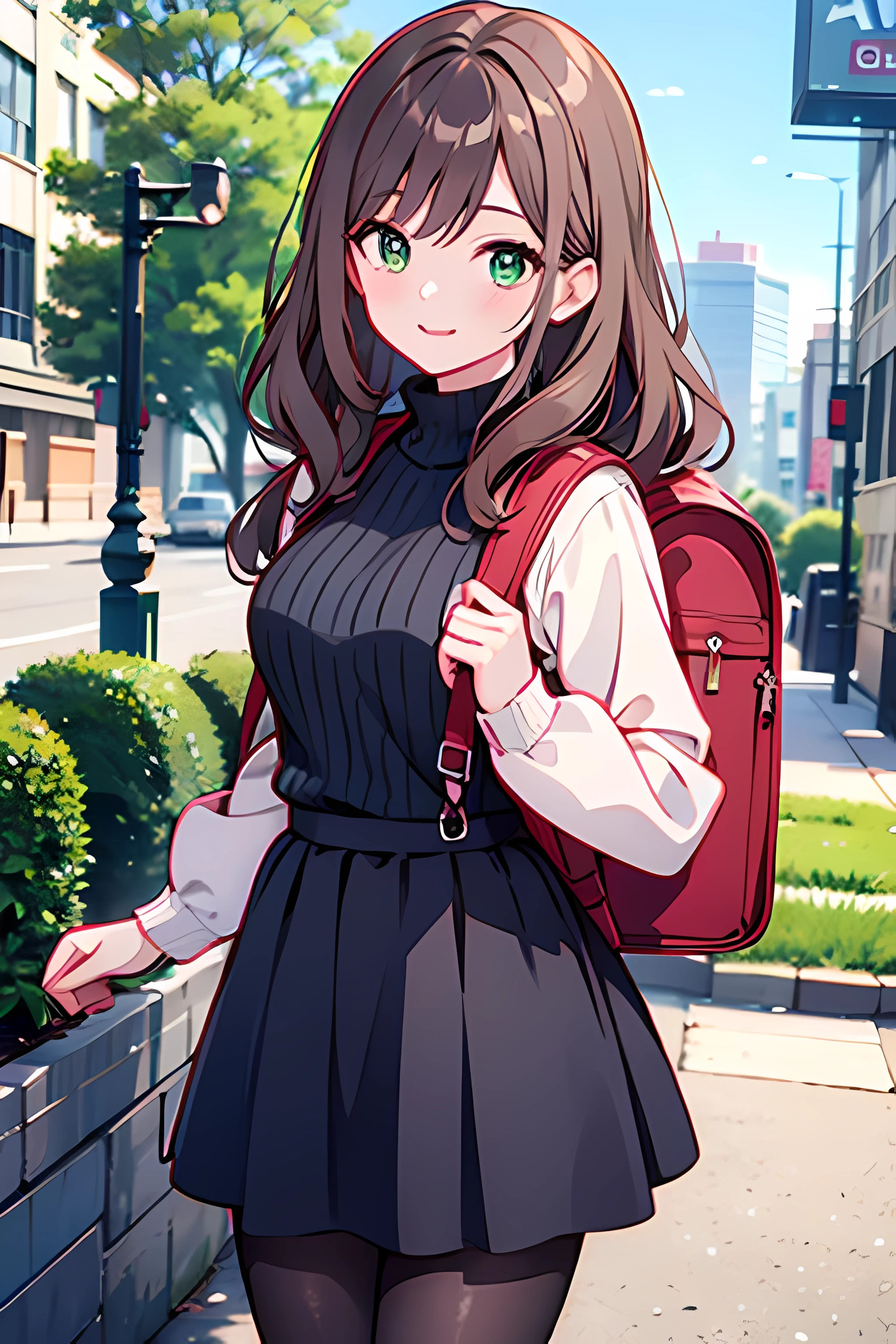 ((best quality)), ((masterpiece)), (detailed), perfect face, cute anime girl, long wavy brown hair, she is standing outdoor, she smile, she is 20 years old, she is wearing turtle neck sweater, she is wearing skirt, she is wearing pantyhose, she is wearing boots, green eyes, she is wearing a backpack, vibrant colors, masterpiece, sharp focus, best quality