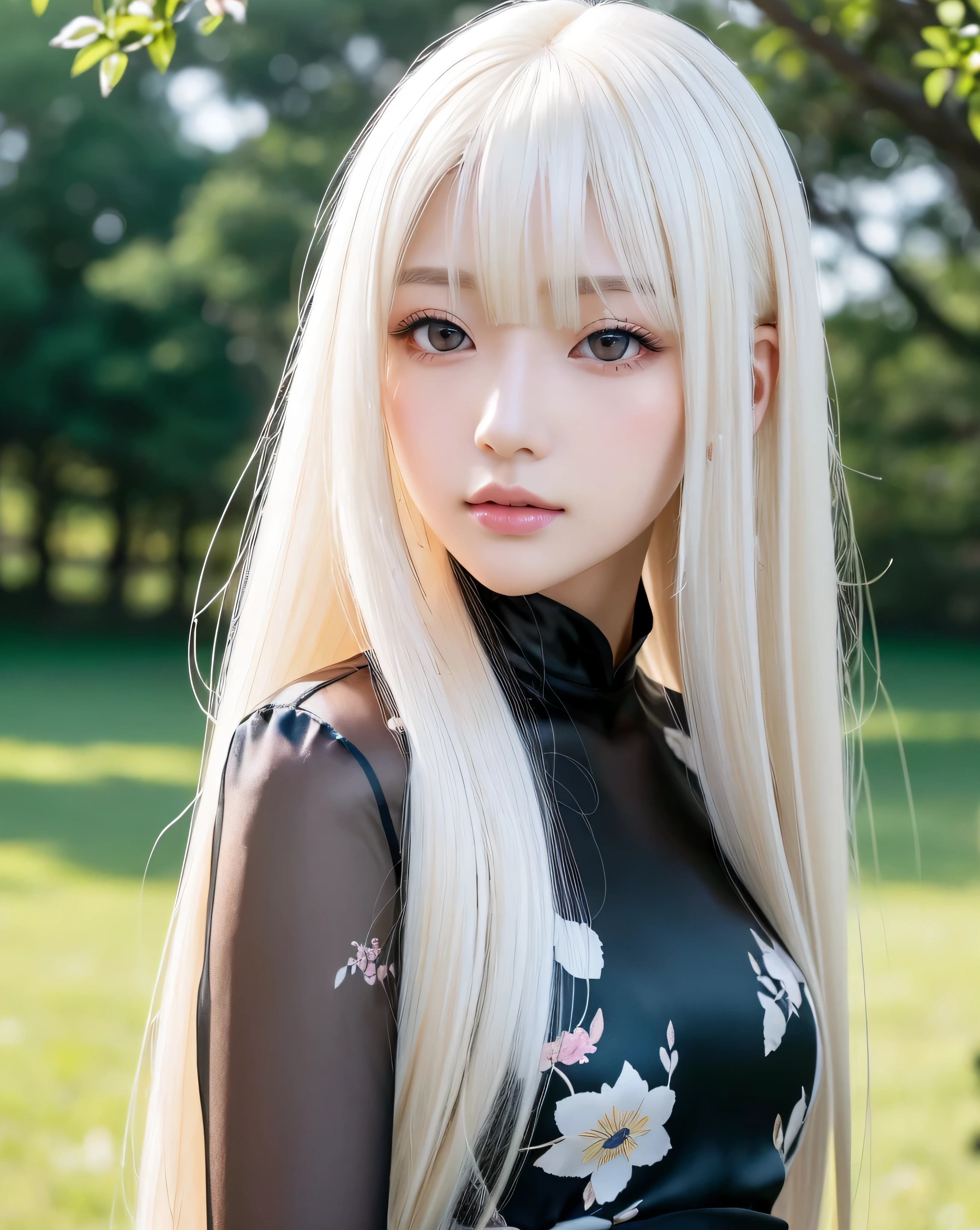 (highest quality, 32k, High resolution, masterpiece:1.5, ), A swirl of crystal clear air and soft light, A sense of serenity and elusive beauty, Beautiful Japanese Girl, (((Beautiful shiny platinum blonde hair))),(((Super Long Straight Silk Hair))), Asymmetrical bangs, Magical big eyes, Moist black eyes, A profile with a fleeting expression, Smooth and soft white skin, Beautifully trimmed, thin and light eyebrows, Clear double eyelids, Bright makeup, Pale pink lips, ((A fine black floral dress)), High resolution perfect clavicle, Beautiful chest in high resolution, Slim figure, High resolutionの美しい太もも, ((Spring plateau)), soft sunlight, beautiful grassland, Sky Blue Sky, Professional Lighting, Professional Photographer, Professional Model, mysterious