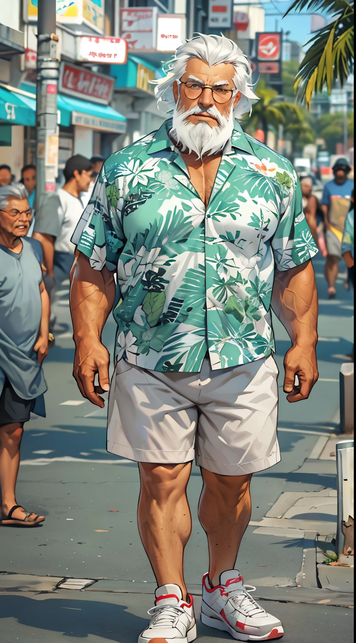 chubby old man in street city, old man, thick arm, huge arm, bearded. white hair and beard, bearded, muscular, pectoral, wide pectoral, beach, palm, realistic, 8k, masterpiece, (wearing shorts and white Hawaiian shirt, shoes)