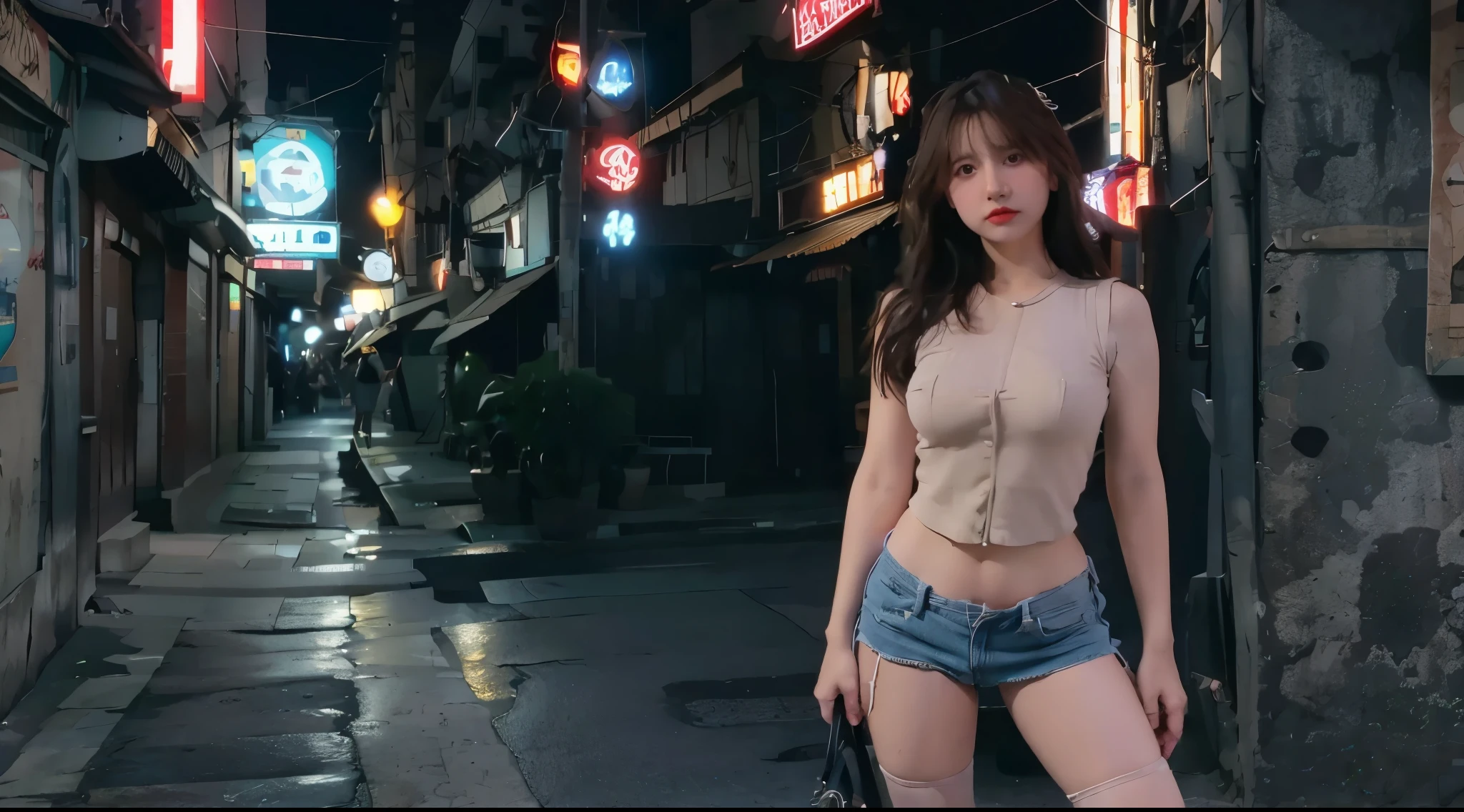 Garota loira de 19 anos, standing, ereta, standing on her feet, standingn, nua, seios nus, top less, mamilos rosados, nsfw, muito bonita, athletic, cabelos loiros, olhos azuis, red-lips, franja, usando short denim skirt, saia muito curta, pernas grossas, pernas bonitas, cintura estreita, abdome exposto, umbigo exposto, NSFW, botas de coxa de couro preto, saia denim curta, denim mini-skirt, mini-saia, saia curta azul, cinto de couro preto, seios pequenos, mamilos rosados, porcelain skin, The girl is wearing a black leather choker, the girl is wearing black leather boots, botas de coxa de couro preto, The girl is standing on a street in a cyberpunk city, cidade cyberpunk futurista, estilo blade runner, cena noturna, luzes da cidade, saia muito curta, micro-saia.