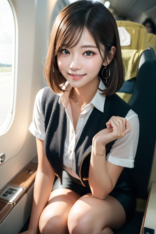 (masterpiece:1.3), high resolution, ultra detailed, extremely detailed CG unity 8k wallpaper, realistic, photo-realistic, RAW photo, beautiful detailed face, pale skin, realistic skin, detailed cloth texture, detailed hair texture, Perfect proportion, Beautiful Face, accurate, Anatomically correct, Highly detailed face and skin texture, natural neck length, shiny necklace, (beautiful hands), (fair skin:1.2), Thin legs, Thin feet, Sexy thighs,
BREAK,
Detailed eyes, symmetrical eyes, Light Brown eyes, Double eyelids, Thin eyebrows, (Glossy lips:1.4), (Goddess smile:1.2), (blush:1.1),
BREAK,
(A Classy and Cute girl:1.3), (Wearing a Formal vest over the White button shirt:1.3), (Wearing a Navy pencil skirt:1.2), (high heels:1.1),
(medium large breasts), (slender figure:1.2),
(Dark brown hair, wavy hair), ((short hair, asymmetrical bangs:1.2)), (Upper body shot:1.2), (looking at viewer:1.2), (From above:0.5),
BREAK,
((Kneeling to the viewer by the seat of first-class:1.2)), (Inside the private Airplane:1.2),