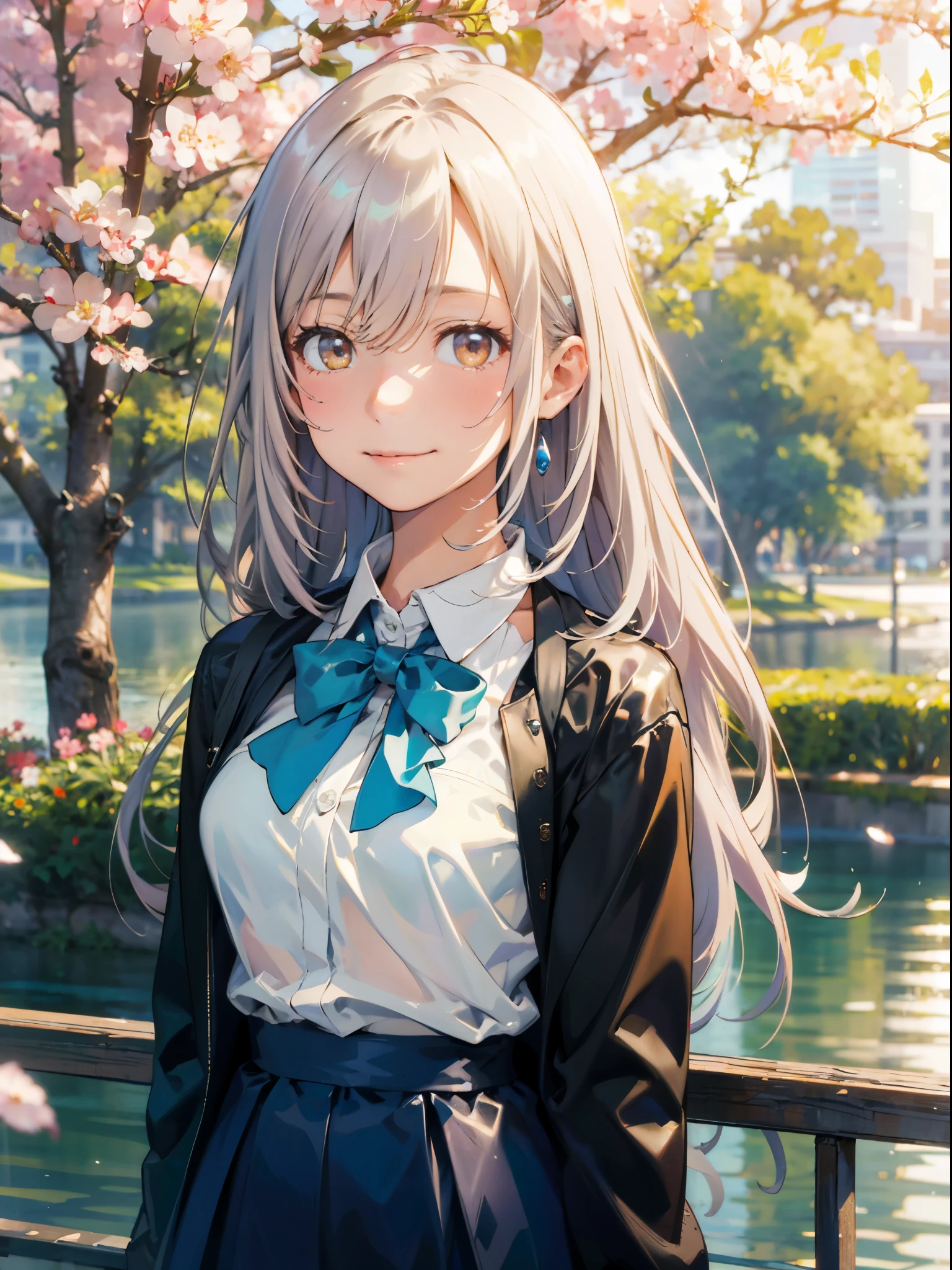 upper body, ((best quality, high quality, masterpiece, highres)), hitomi tsukishiro, ((Bra is transparent)), ((See-through)),white shirt, school unifor, 1girl, solo,silver hair , black jacket, blue skirt, blue bowtie, looking at viewer, jewelry,  Outdoors, depth of filed, Light on Face, Portrait, Sunlight, skyporn, Smile, gloweyes, Lens Flare, Rural, country,Floating hair, flower, tree, lake, A hill, cloud, cherry blossoms fall