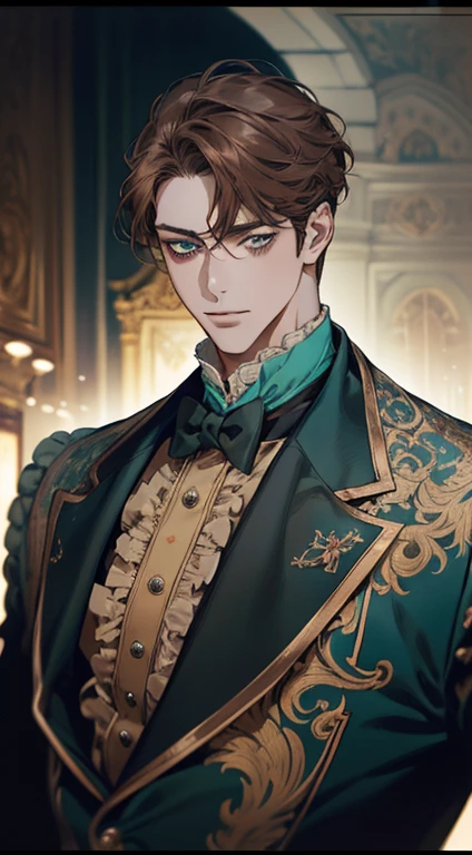 undercucho Close Portrait of Elegant Person [undercucho] in bespoke MAN suit: tall muscular man, classic style, intricate detial baroque, elegant, bright lights, highly detailed, digital painting, artstation, concept art, soft and sharp focus, portrait , illustration, art by wlop, mars ravelo and greg rutkowski (High detail skin: 1.2), 8k uhd, DSLR, soft lighting, high quality, film grain, Fujifilm XT3 mix4, male model, (((1 MAN))) suit, seductive, Florence, Italy background, (((/LOOKING AT THE VIEWER/))) ((((SHORT BROWN HAIR))) (((LONG BANGS))) (((TURQUOISE EYES))) (((DELIGHTED LOOK))), SMILE, MYSTERIOUS AURA, night, bokeh, depth of field, (upper body: 1.0), best quality, intricate details, detailed eyes, masterpiece, film grain, 1900s, kodakchrome, flashlight, strange smoke around him, MASTERPIECE