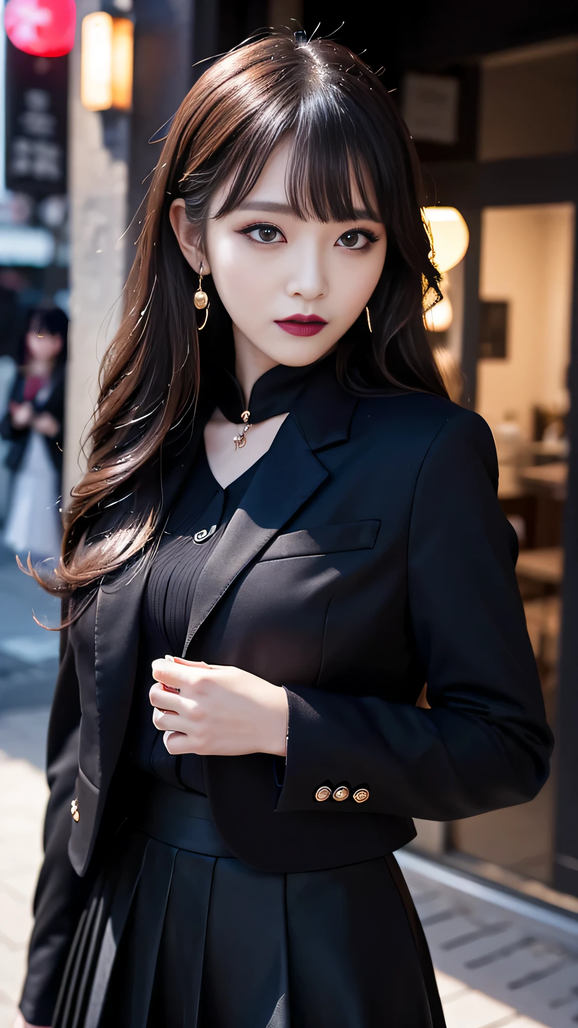 2girls、best quality、ultra-detailed、4k、Japanese、Seductive beauty、seductive adult woman、Pretty Woman、cool girl、Villainess、Brainwashed、brainwash、Fallen into evil、smirk、Evil look、Wicked Smile、evil、Brown hair、wavy hair、swept bangs、dark makeup、dark makeup、piercing eyes、hollow eyes,half-closed eyes、Hollow Eyes、Purple Eyeshadow、black lipstick、black lipglos、suit、Jacket、blouse、Black Ribbon、skirt、slit、Beautiful feet、Put your hands behind your back、night、Eerie Citadel、Are standing