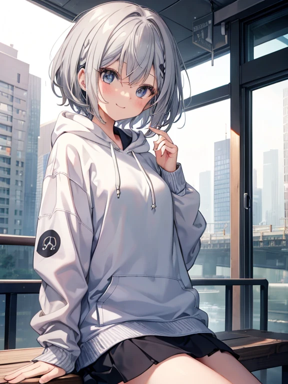 1people々 girl,Gray Hair,Have,2D,cute,hoodie,Sitting,Short Hair,skirt,smile