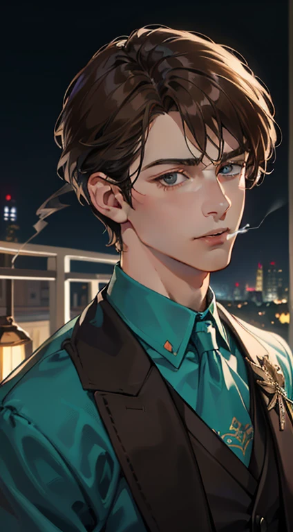 undercucho Close Portrait of Elegant Person [undercucho] in bespoke MAN suit: tall muscular man, classic style, intricate detial baroque, elegant, bright lights, highly detailed, digital painting, artstation, concept art, soft and sharp focus, portrait , illustration, art by wlop, mars ravelo and greg rutkowski (High detail skin: 1.2), 8k uhd, DSLR, soft lighting, high quality, film grain, Fujifilm XT3 mix4, male model, (((1 MAN))) suit, seductive, Florence, Italy background, (((/LOOKING AT THE VIEWER/))) ((((SHORT BROWN HAIR))) (((LONG BANGS))) (((TURQUOISE EYES))) (((DELIGHTED LOOK))), SMILE, MYSTERIOUS AURA, night, bokeh, depth of field, (upper body: 1.0), best quality, intricate details, detailed eyes, masterpiece, film grain, 1900s, kodakchrome, flashlight, strange smoke around him, MASTERPIECE