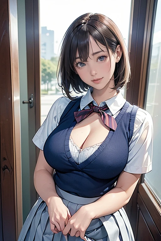 (masterpiece:1.2, best quality), (Practical, photoPractical:1.4), Fine quality illustrations, (Natural side light, Movie Lighting), Writing border depth,
Looking at the audience, (Face focus, Upper Body), Front view, 1 girl, (Huge breasts、Cleavage, cleveage、Thick thighs)), Perfect body、English, High school girl, , Perfect face, cute symmetrical face, Glowing skin,
(Bob Hairstyle:1.7,Blonde), Asymmetrical bangs, big eyes, Drooping eyes, Long eyelashes chest), Thin,
beautiful hair, Pretty Face, beautiful eyes, Beautiful clavicle, Beautiful Body, Beautiful breasts, Beautiful thighs, Beautiful Feet, Beautiful fingers,
((Delicate fabric texture, Brown knitted vest, Short sleeve white collar shirt, Navy blue pleated skirt, Navy tie)),
(Beautiful scenery), night, (Inside the flower shop), Standing, (Smile, Upper grades, open mouth), (((skirt lift, I can see yours)))