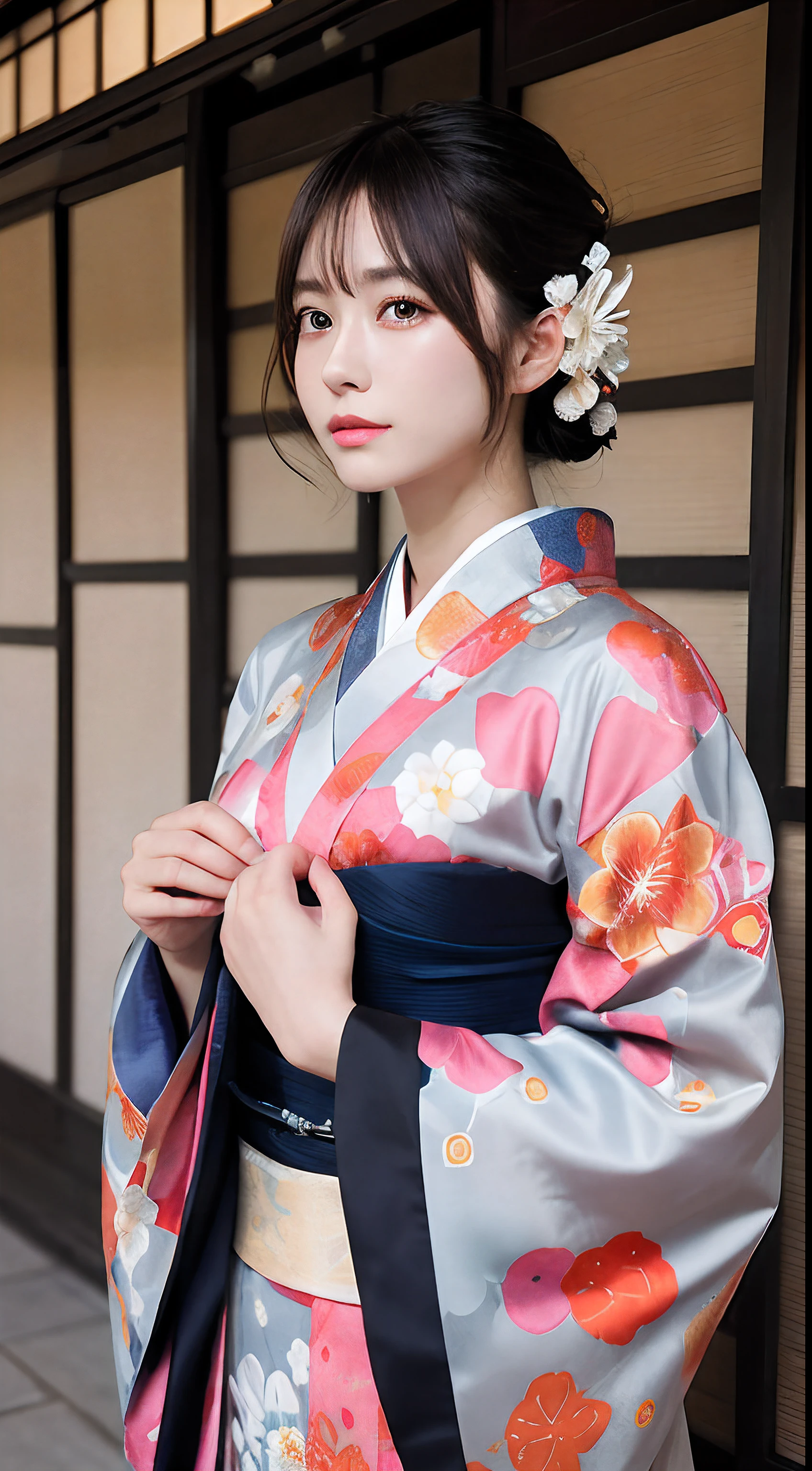 Tabletop, highest quality, figure, Very detailed, In detail, High resolution, 8k wallpaper, Perfect dynamic composition, Beautiful fine details, (kimono:1.2), Long-sleeved kimono:1.1、Yuzen、