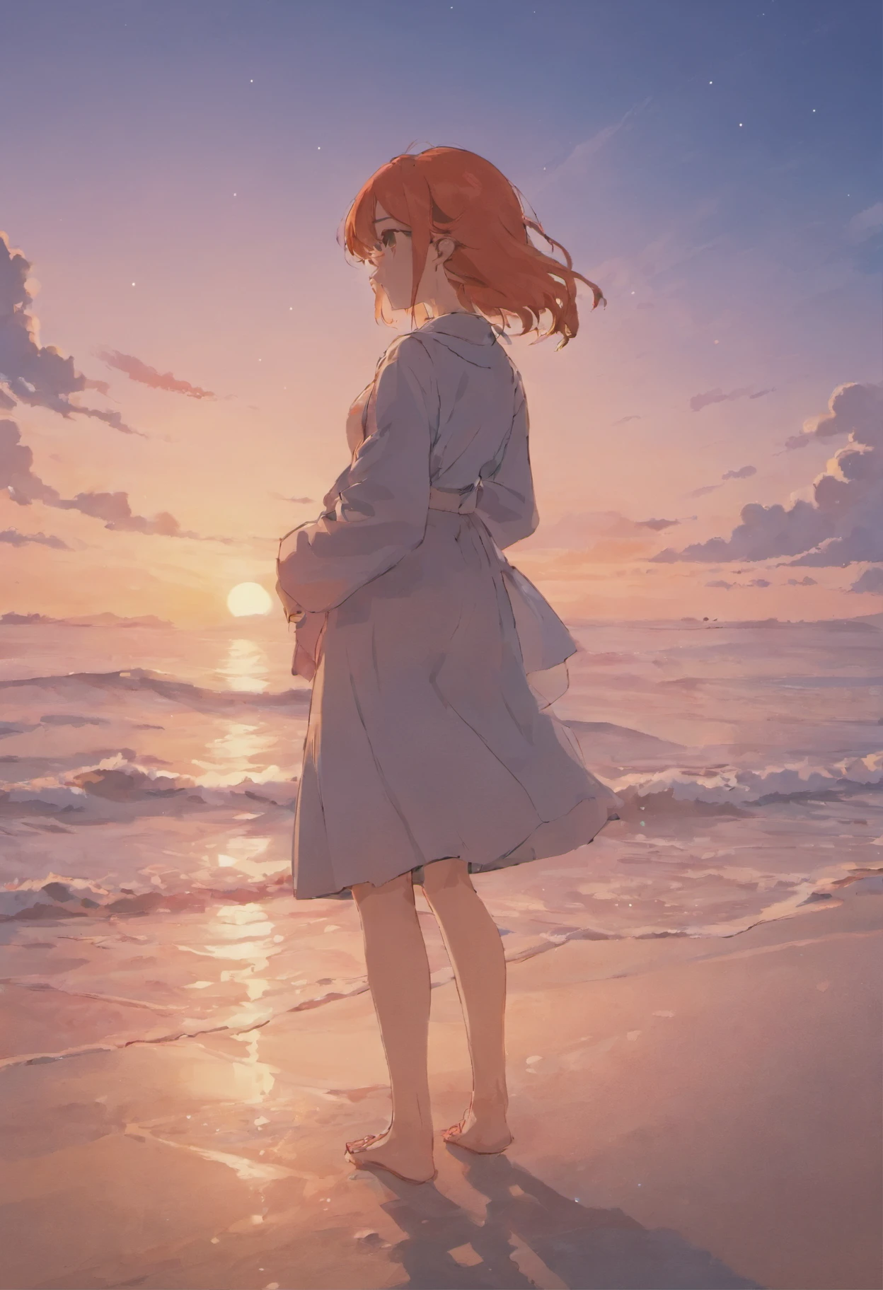 a woman standing on a beach looking at the sunset, style of alena aenami, inspired by Cyril Rolando, art of alena aenami, artistic. alena aenami, in style of cyril rolando, inspired by Alena Aenami, style of aenami alena, by Alena Aenami, lofi artstyle, by Cyril Rolando