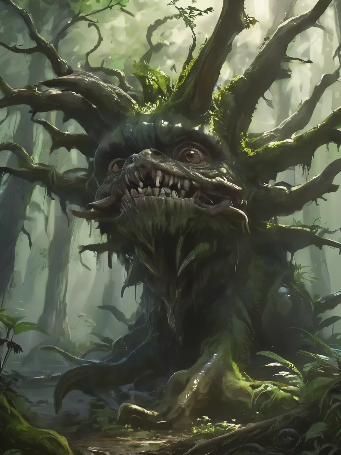 famous artwork by (michael whelan:1.1) and (jesper ejsing:1.1), detailed expressive eyes, fantasy style, the majestic crested grievexolder, seen here decorated in dark vrangboodle, playfully smirkles through the dense gnarled jungle of verdant plumbus and plertzing trees on the dreaded paradisical planet feebleflorm quartus
RAW photo, realistic texture, extremely detailed, absurdres, sharp focus,  volumetric lighting, subsurface scattering