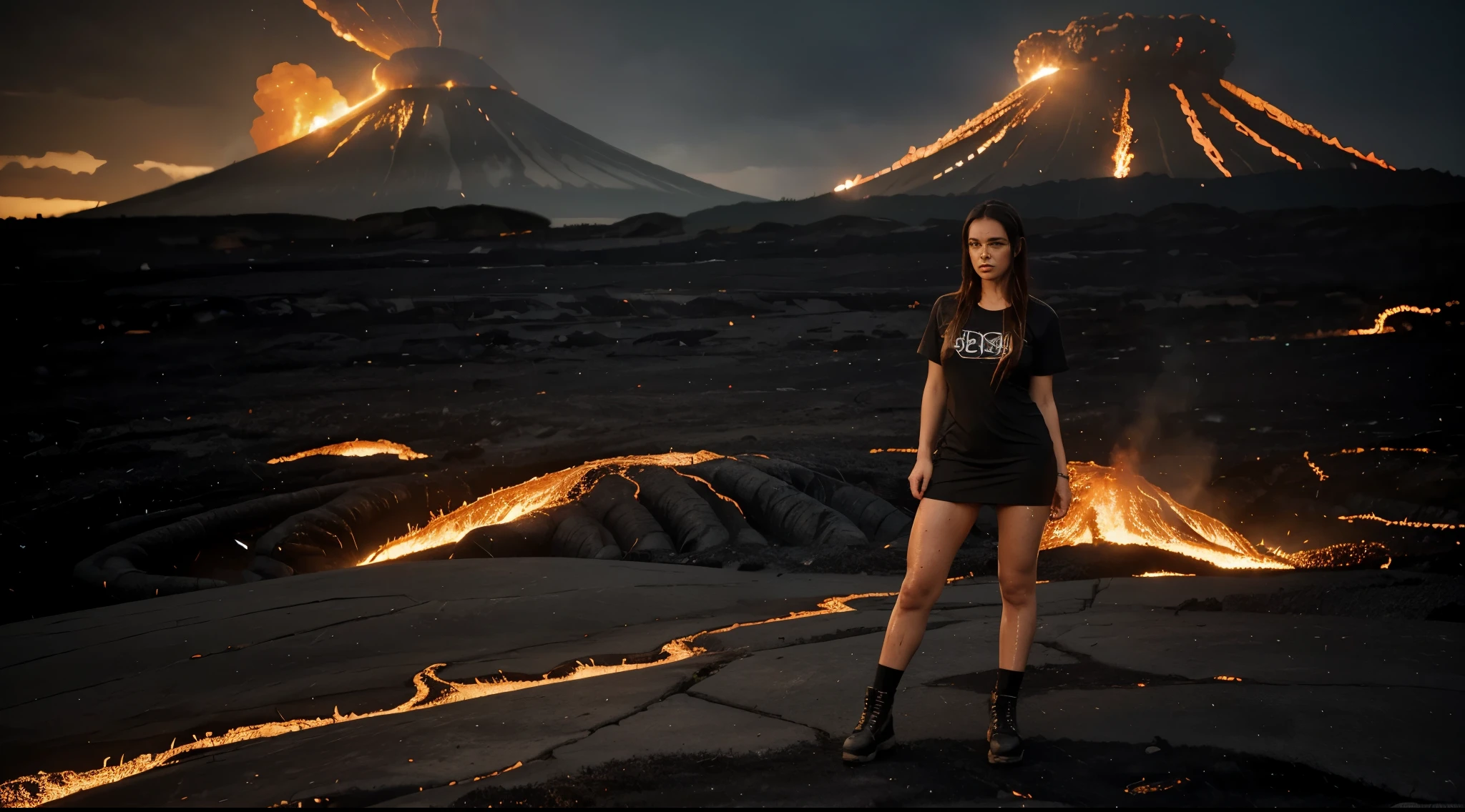 A woman of normal build, com cabelos castanhos molhados e seios pequenos, it is very sweaty and wet, gotas de suor em seu corpo, vestido com uma camiseta leve encharcada, short skirts e botas, standing on incandescent lava against the backdrop of an erupting volcano, dark sky in smoke, Flames from the ground, shoes are visible