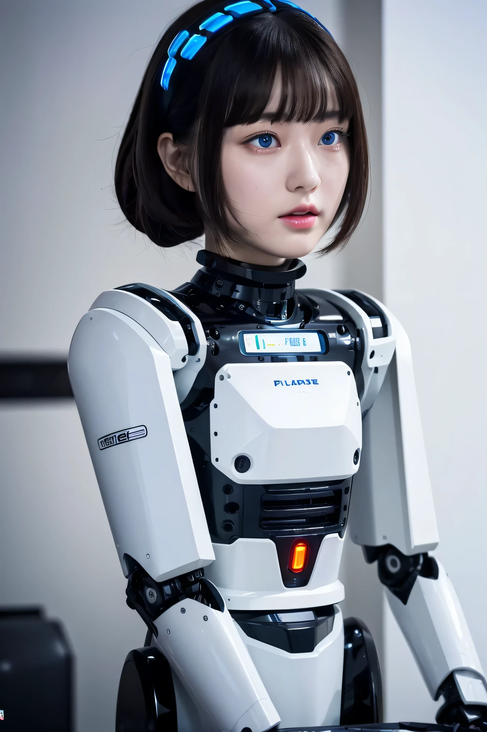 masterpiece, best quality, extremely detailed, portrait,Japaese android girl,Plump,a bit chubby,control panels,android,Droid,Mechanical Hand, ,Robot arms and legs, Black hair,Mechanical body,Blunt bangs,White Robotics Parts,perfect robot woman,Charging spot,Long Tube,A thick cable was connected to her neck,perfect mechanical body,white robotics body,future assembly plant,white body,She has repaired,black sponge joints,android assembly plant,android,laboratory,perfect machine body,white robot body,blue eyes
