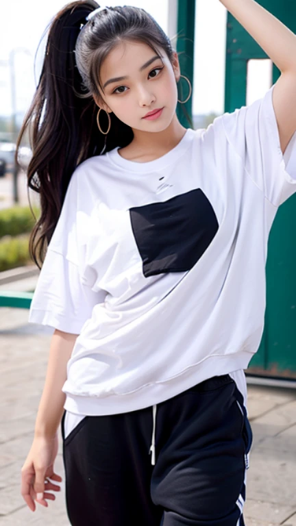 A cute girl, Looks about (short hair), Height about 120 cm, Very short shorts, Shorts bulging in the shape of a penis, flat chest like a boy, Slender body, The wall is a concrete wall, Black Hair, eyeball, Surrealism, Blurred, Cinema Lighting, Bokeh, Very detailed, Anatomically correct, Accurate, Awards, 16K, The clothes are transparentvShort torso,