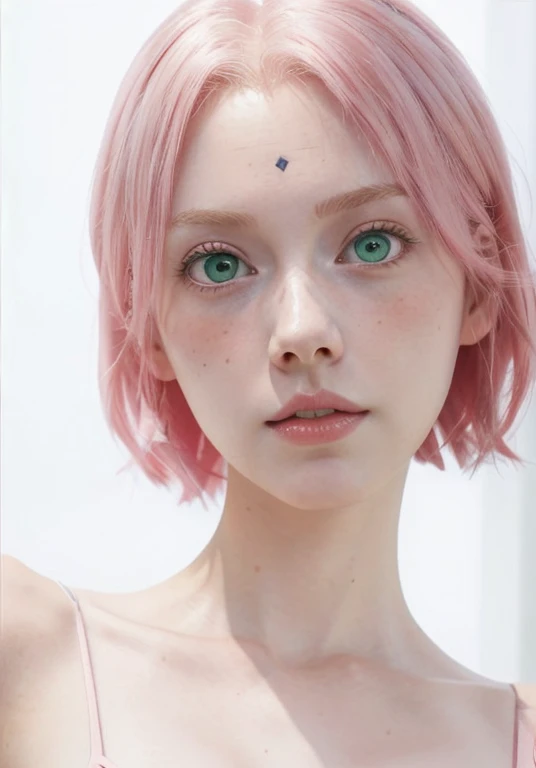 young woman, short shoulder-length pink hair, wide forehead, porcelain skin, pink eyebrows, big emerald green eyes, buttoned nose, full lips, heart-shaped face, slender body, small breasts, red tank top, Sakura Haruno , realistic, realism, details, 3d, well detailed

