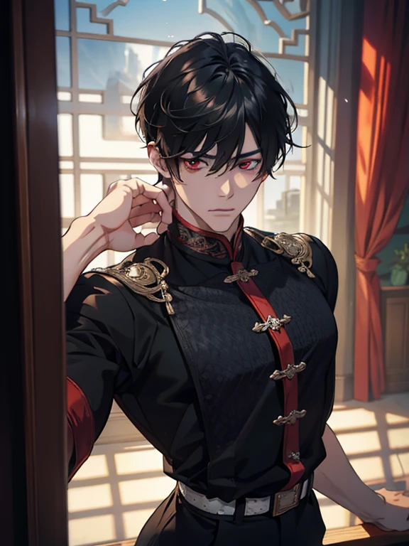 1 male, Beautiful male, (black short hair, Korean lattice curtains) , ((red eyes)), (Sharp and beautiful eyes), muscles, 8k, Quilty Altitude, Realistic, Beautiful realism, outstanding detail, RAW photo, Realistic clothes, realistic hair, realistic eyes, Light and cool lighting, realistic photo, Cel shaded, Gel lighting, ultra-detail, realistic hair, realistic eyes, selfie, male