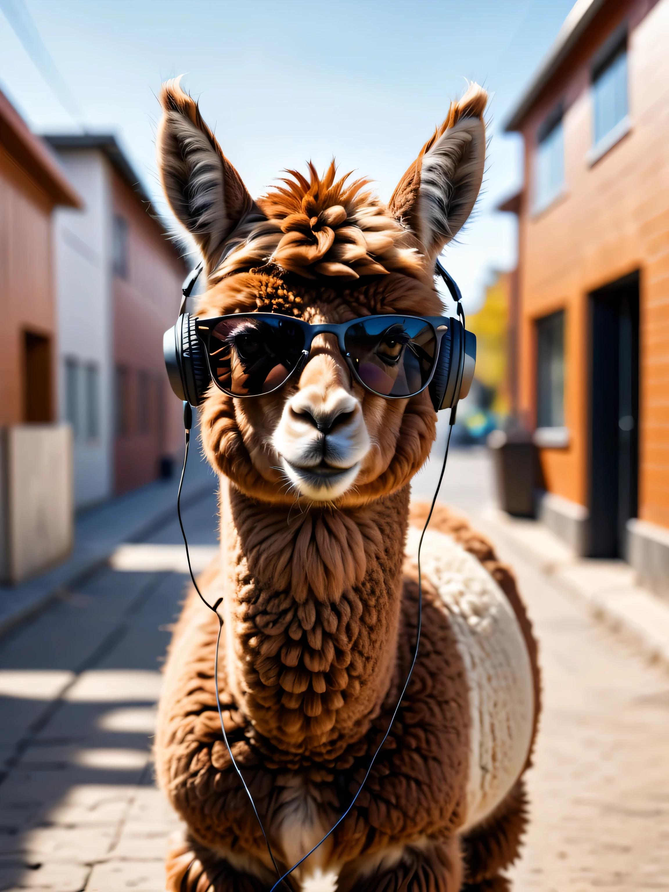 realistic photo, anamorphic alpaca, wearing headphones and sunglasses, going to work, raw photo, shallow depth of field, Immersive background