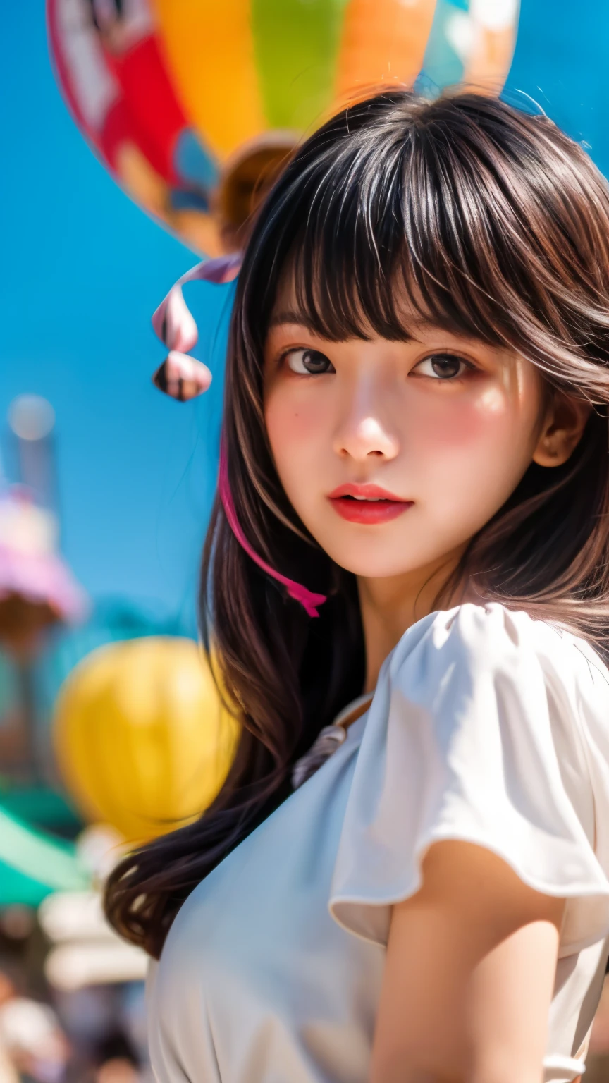 closeup shot , (masterpiece、highest quality、Official Art:1.2)、(colorful)、Seeing the viewer、1 girl、Portraiture、alone、Colorful floating objects 、peekaboo、touching hair、balloon、amusement park、festival、White dress