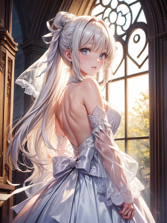 (behind below shot):1.2, masterpiece:1.2, 32k, ultra-detailed:1.2, photorealistic:1.37, cute bride In front of the door at the top of the church stairs, (((big cute white ribbon on the side waist:1.2))), beautiful delicate (hair, eyes, lips, skin, church, background), blushed, gentle smile, sparkling eyes, rosy bright lips, platinum blond straight hair, through bangs, pure white delicate wedding dress with embroidery((bare shoulder, sleeve less)), joyfull poseing , vibrant colors illustration, (soft skin edge line:1.2)