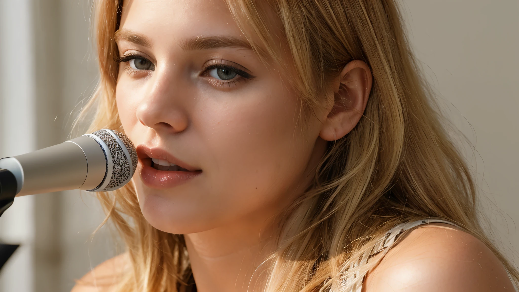 Increased quality, photo of a female singer, blonde hair, photorealistic, sunlight, lips microphone close-up
