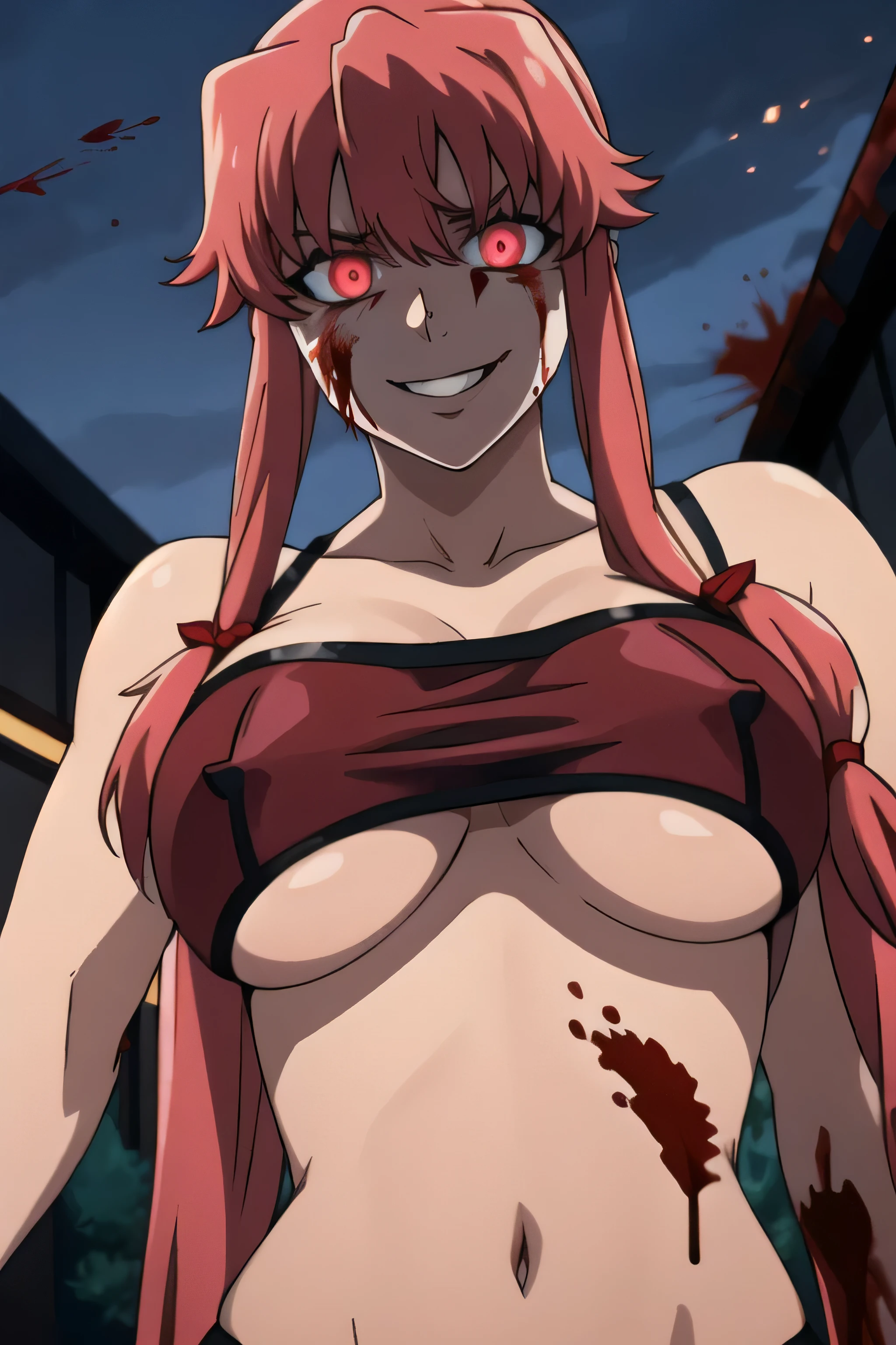 (best quality:1.3), Yuno Gasai, long hair, pink hair, smile, low twintails, yuno gasai, (medium breasts:1.5), 1girl, red eyes, (night:1.1), (evil eyes:1.1), blood, (out door:1.5), (evil:1.5), (blood on body:1.5), (evil eyes:1.4), 4k, 8k, killing, best quality, masterpiece, black lingerie, cleavage, (underboob:1.6), torn lingerie, looking at viewer, facing the camera, from front